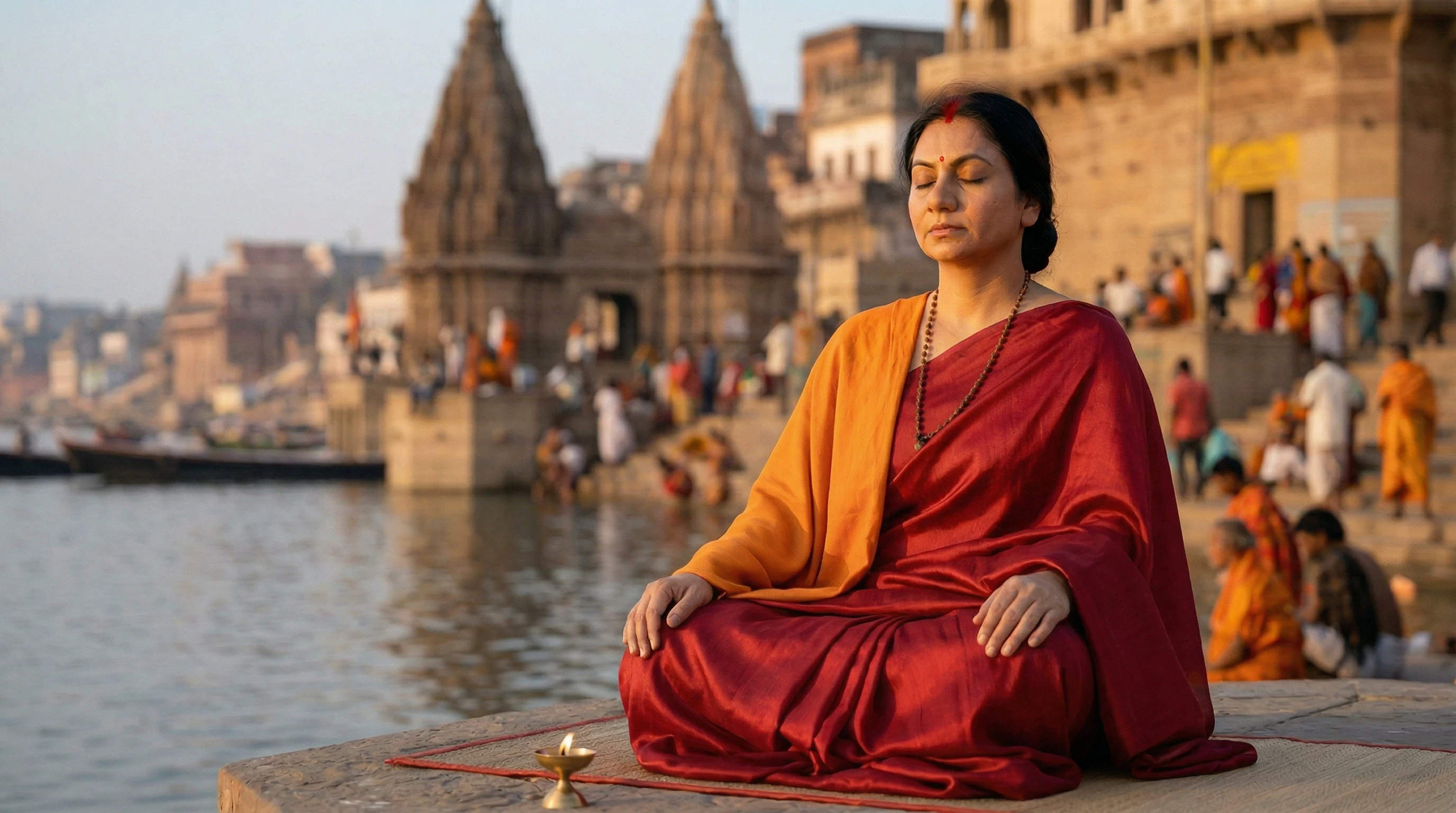 Maa Shree Geetam, Indian female spiritual guru, sitting in deep meditation at the sacred ghats of Varanasi, guiding sincere seekers on the path of Mantra Diksha and sacred initiation