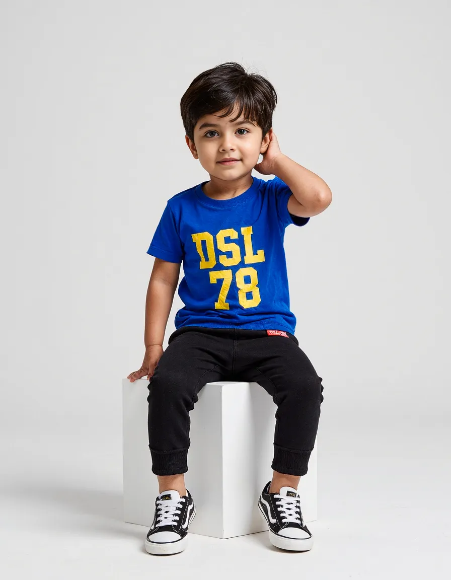 Child in bright blue t-shirt with yellow "DSL 78" print, black joggers and classic sneakers sitting on white cube against neutral background