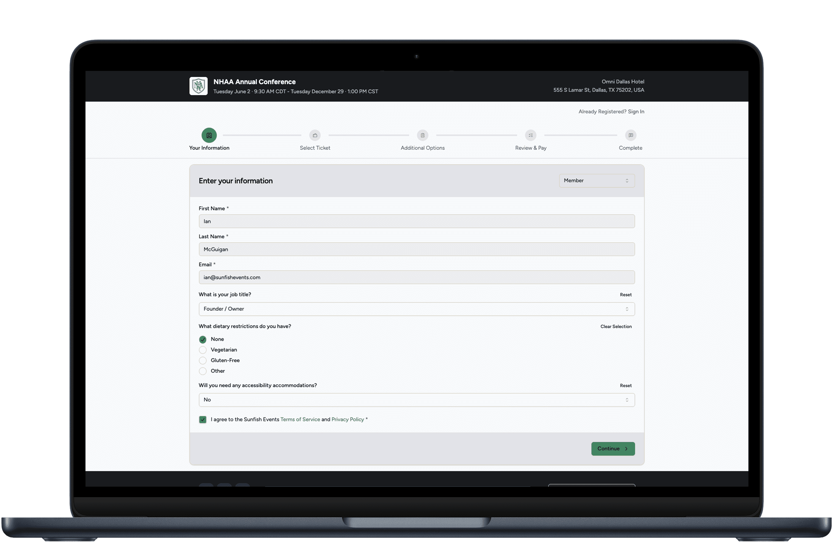 Registration form showing the same event details and pricing as the landing page