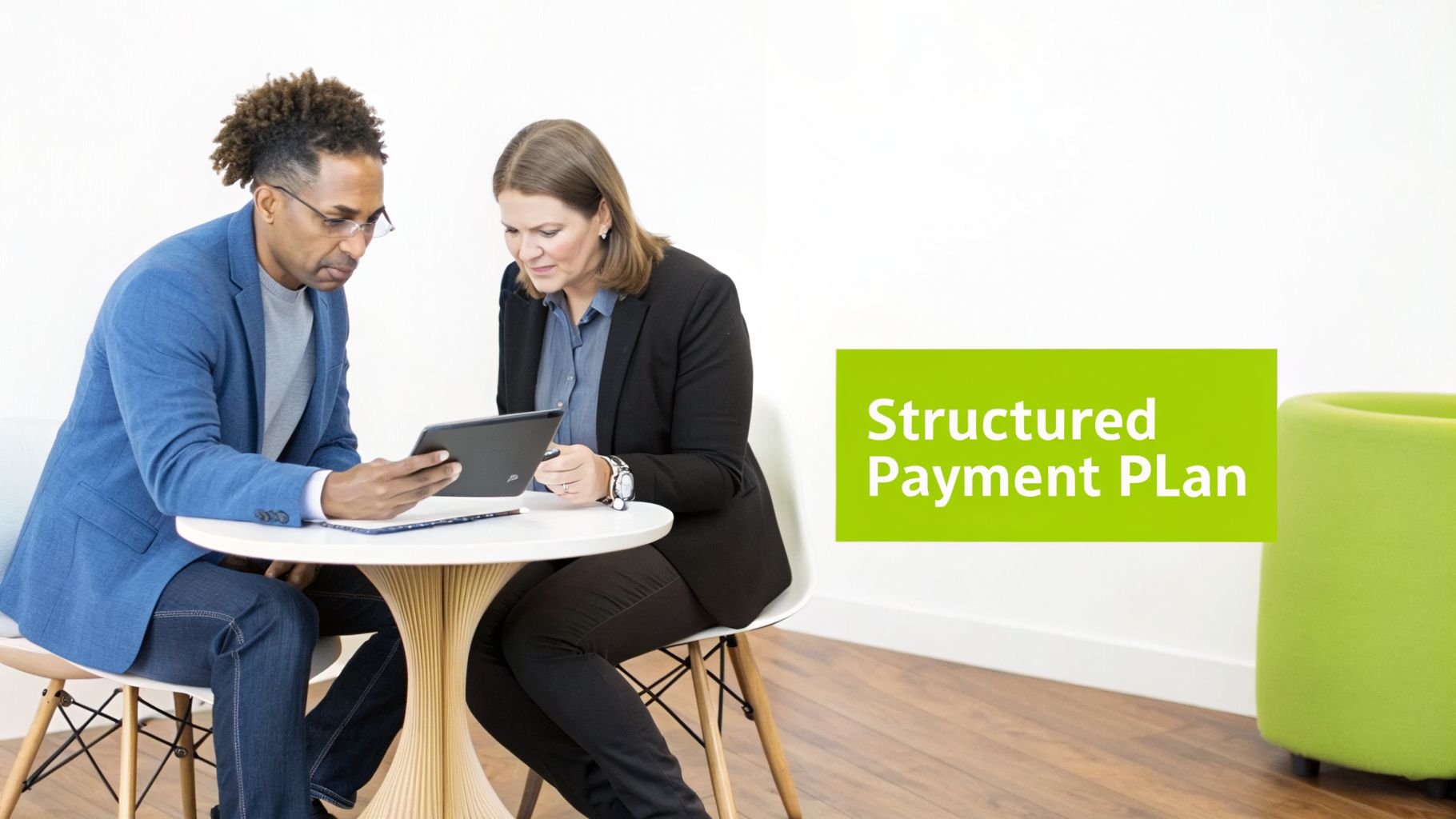 Two professionals, a man and a woman, collaboratively reviewing a tablet with 'Structured Payment PLan' text overlay.