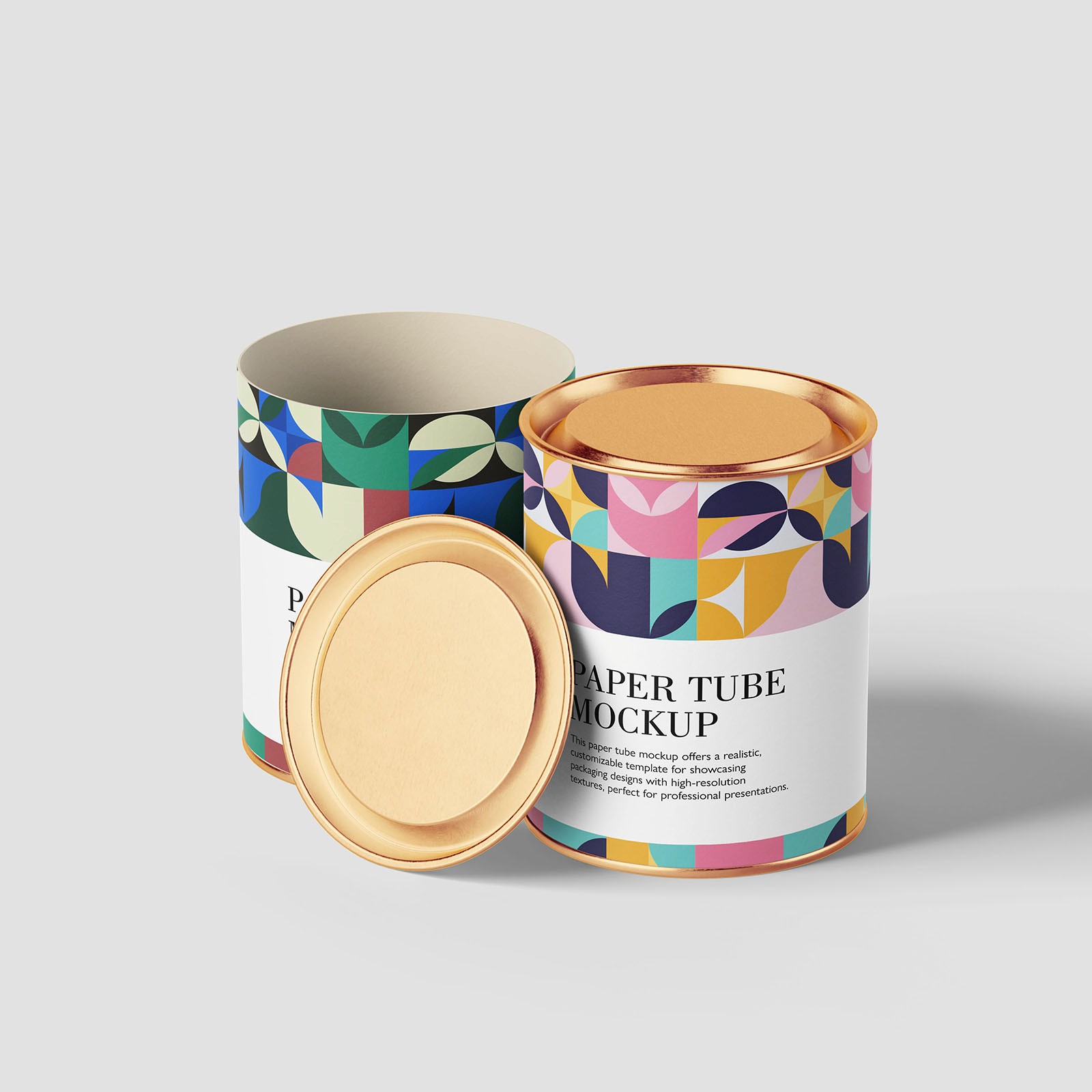 This PSD mockup presents a paper tube with a sleek metal lid and bottom, providing a realistic and professional look for your packaging designs. With easy-to-use, customizable layers, you can effortlessly tailor the mockup to reflect your branding and product requirements. Ideal for showcasing design concepts in presentations or enhancing your portfolio, this template ensures your packaging stands out with modern elegance and sophistication.