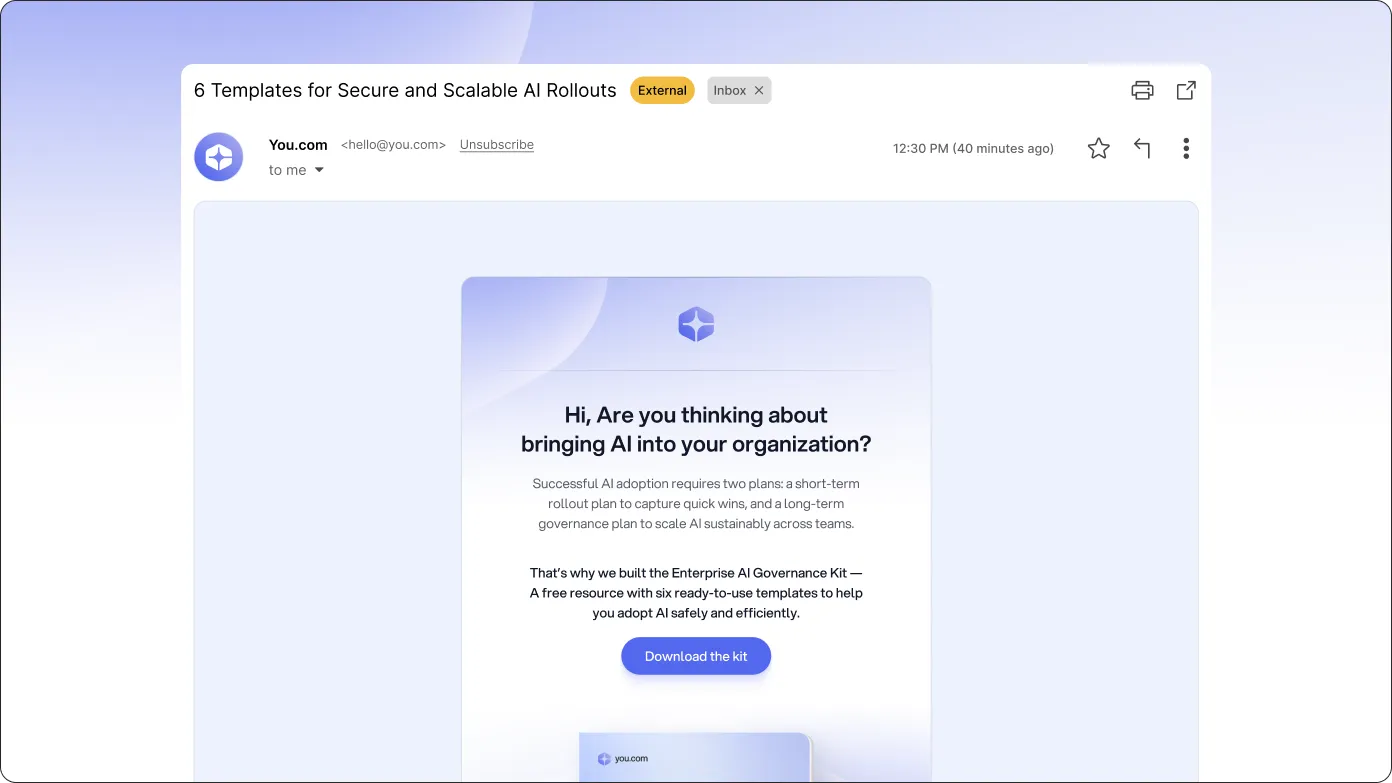 You.com email campaign featuring AI governance resources, rollout templates, and downloadable guides.