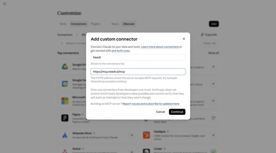 The Add custom connector dialog in Claude with the name Needl and the Needl.ai server address filled in