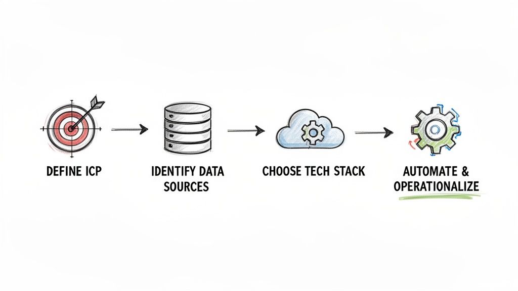 Workflow diagram showing steps: Define ICP, Identify Data, Choose Tech Stack, Automate & Operationalize.