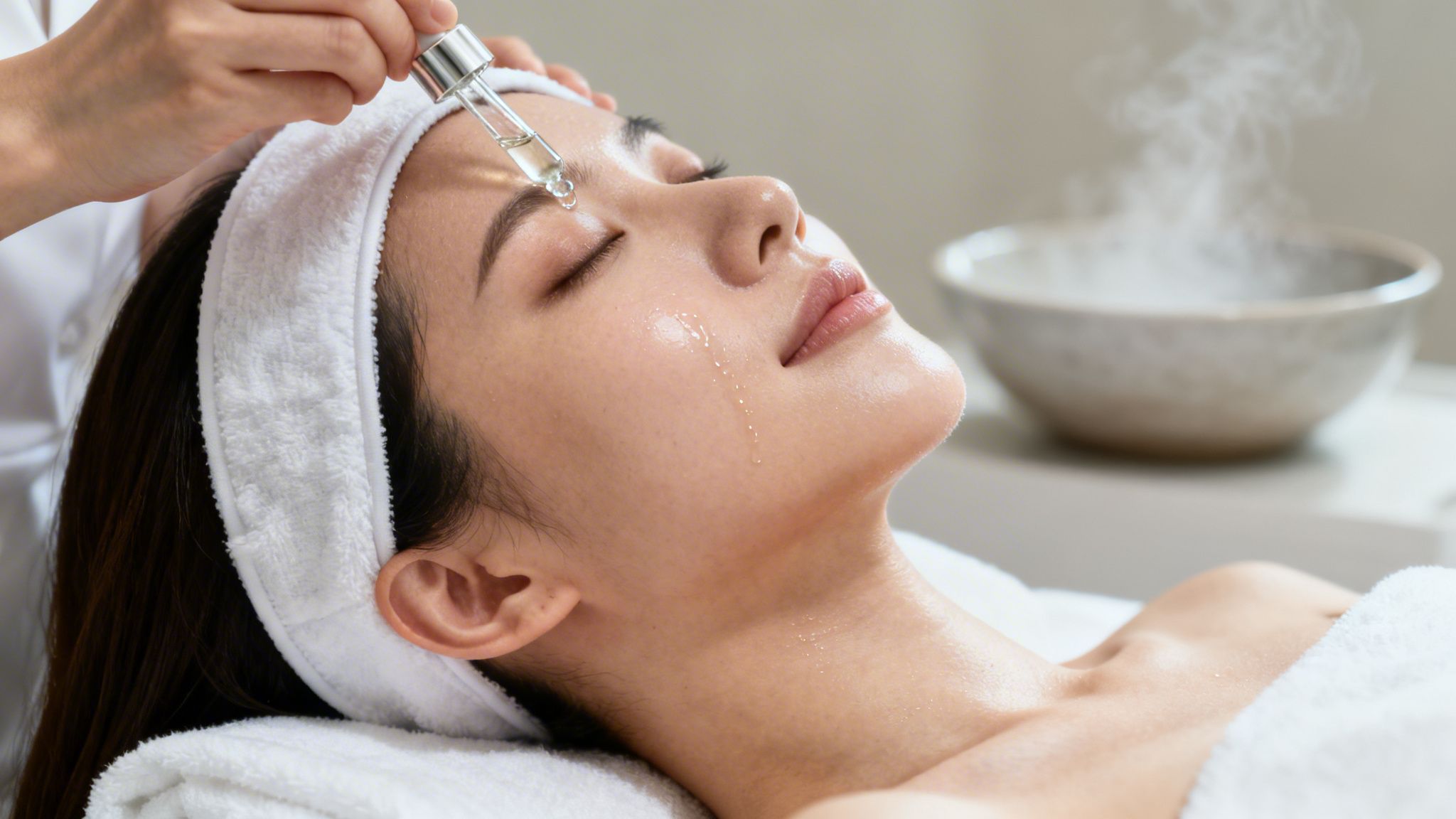 A woman relaxing with closed eyes as a beauty therapist applies serum to her face during a spa facial.