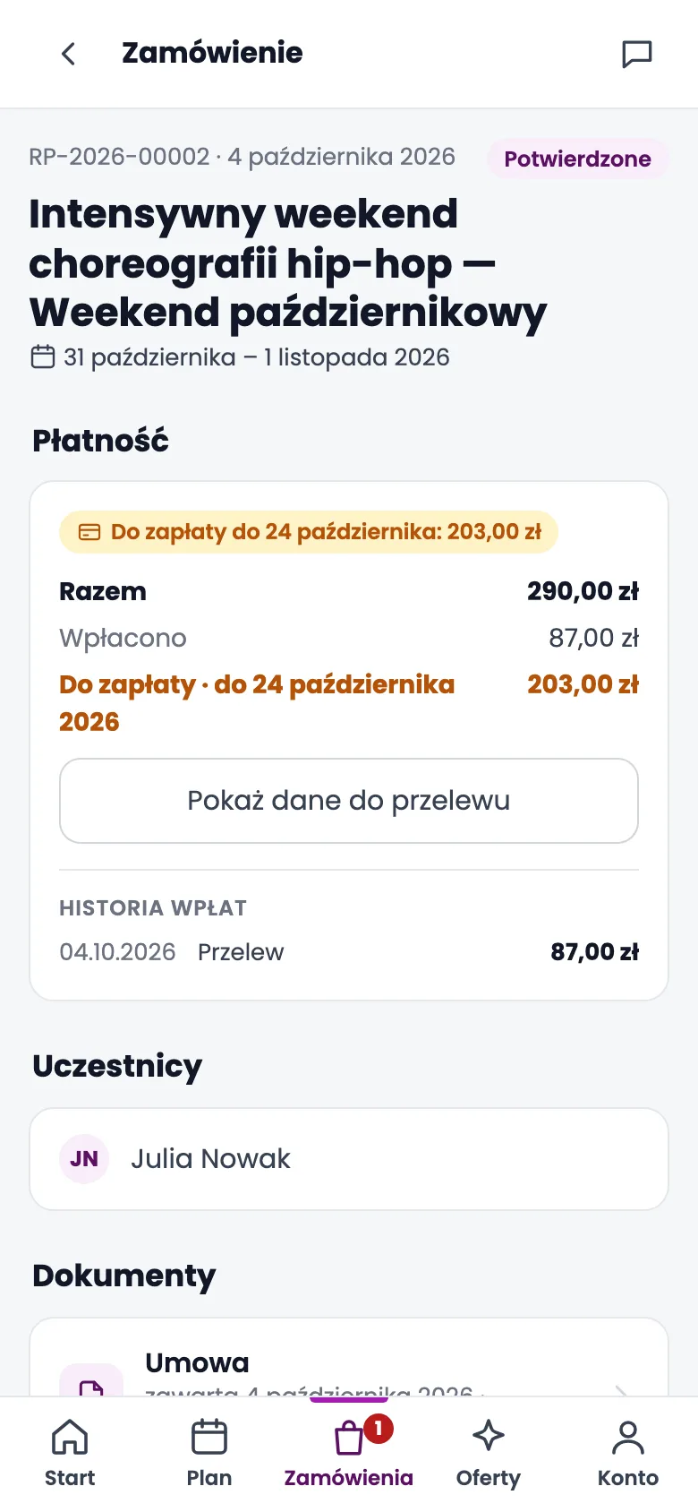 Panel klienta ReservePro na telefonie: zamówienie z terminem, kwotą do zapłaty, historią wpłat i umową w sekcji Dokumenty