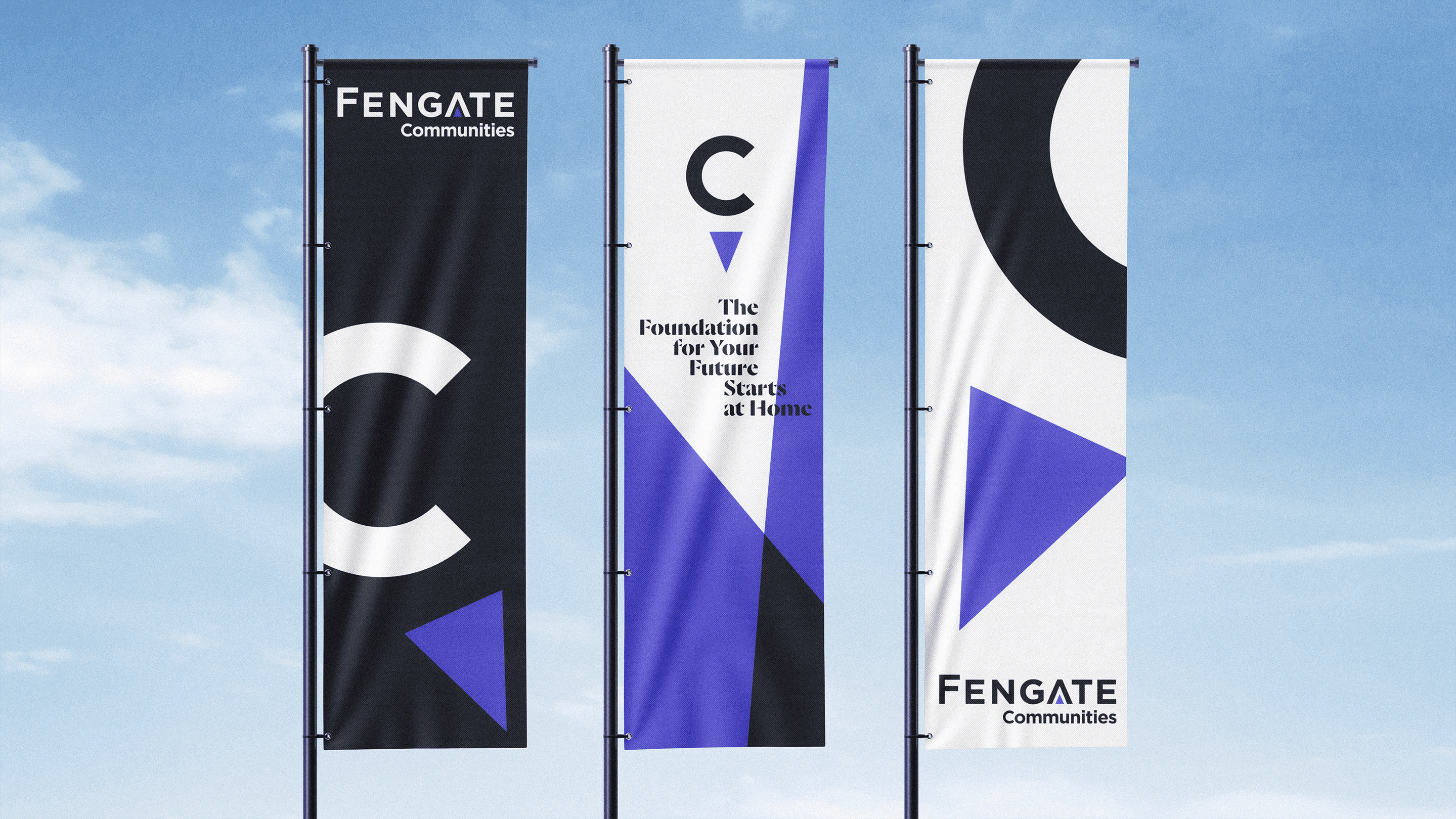renderings of three fengate communities branded vertical flags