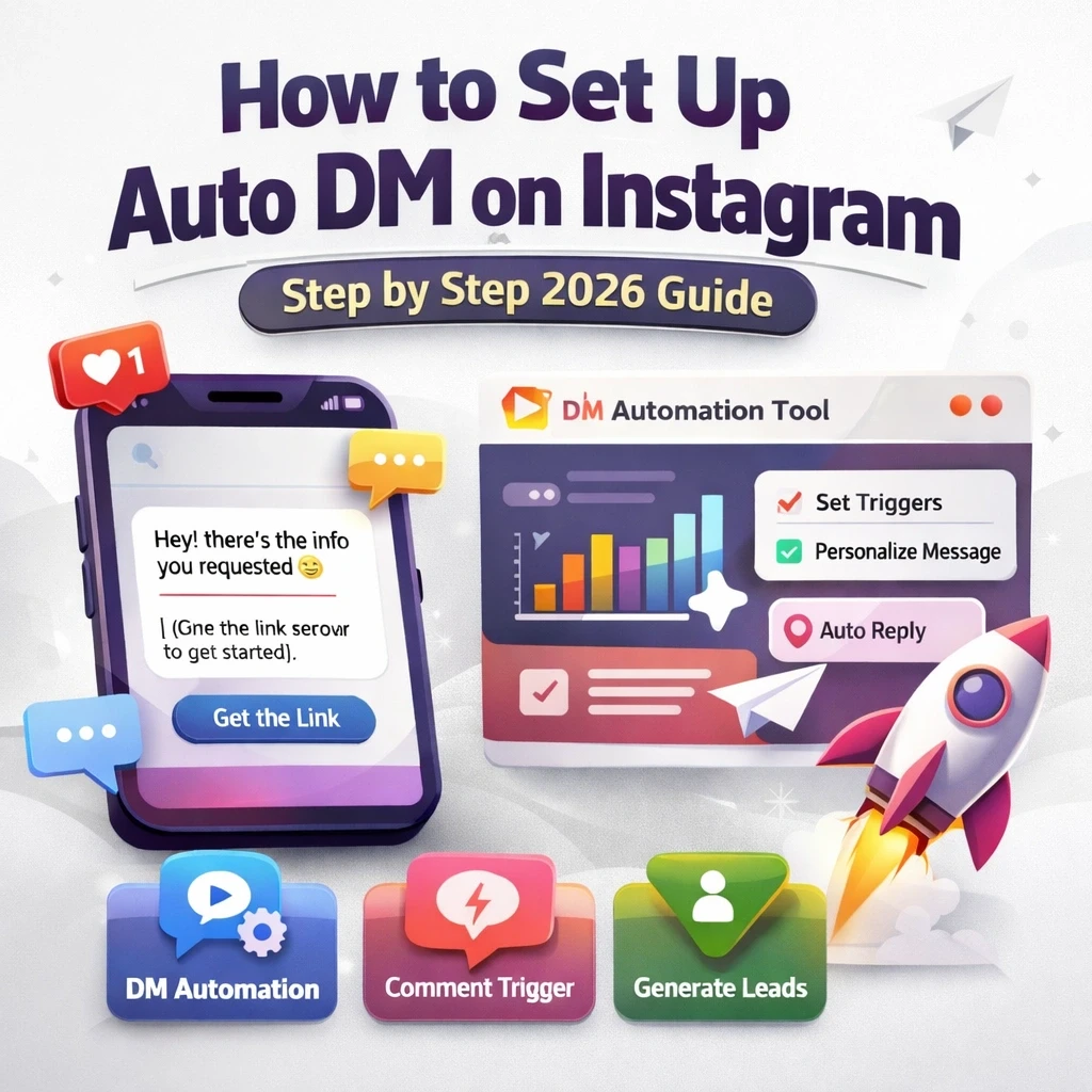 Illustration showing how to set up Instagram auto DM automation, featuring a smartphone with automated messages, comment triggers, and a DM automation dashboard on a white and grey background.”