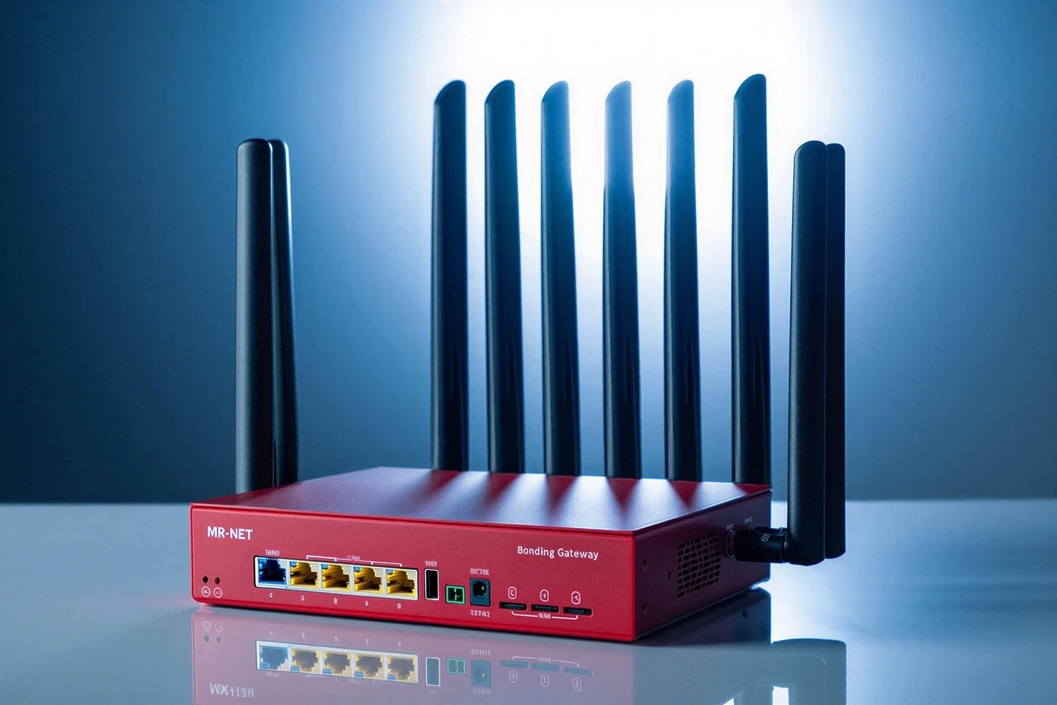 MR·NET cellular bonding gateway router with illuminated background