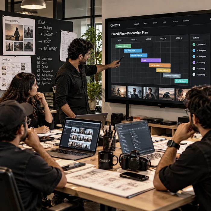 Video production project management meeting with production planning and scheduling at Cinesta