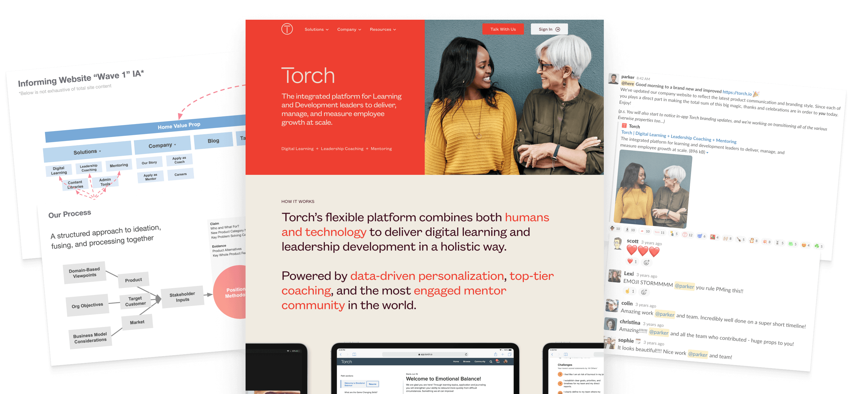 Collage of documents reflecting website development process.