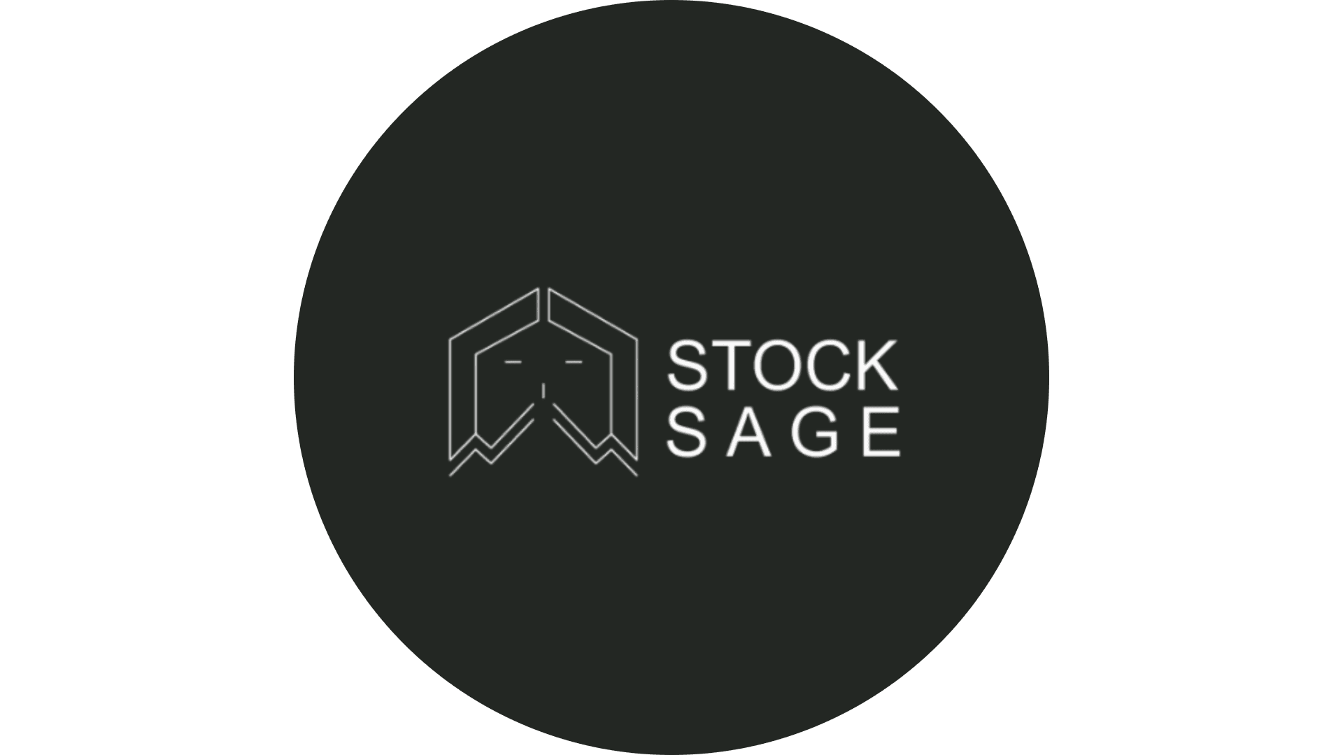 A minimalist black circle displays the white logo of "Stock Sage," featuring a stylized geometric design resembling a crest or roof, accompanied by the text on the right.