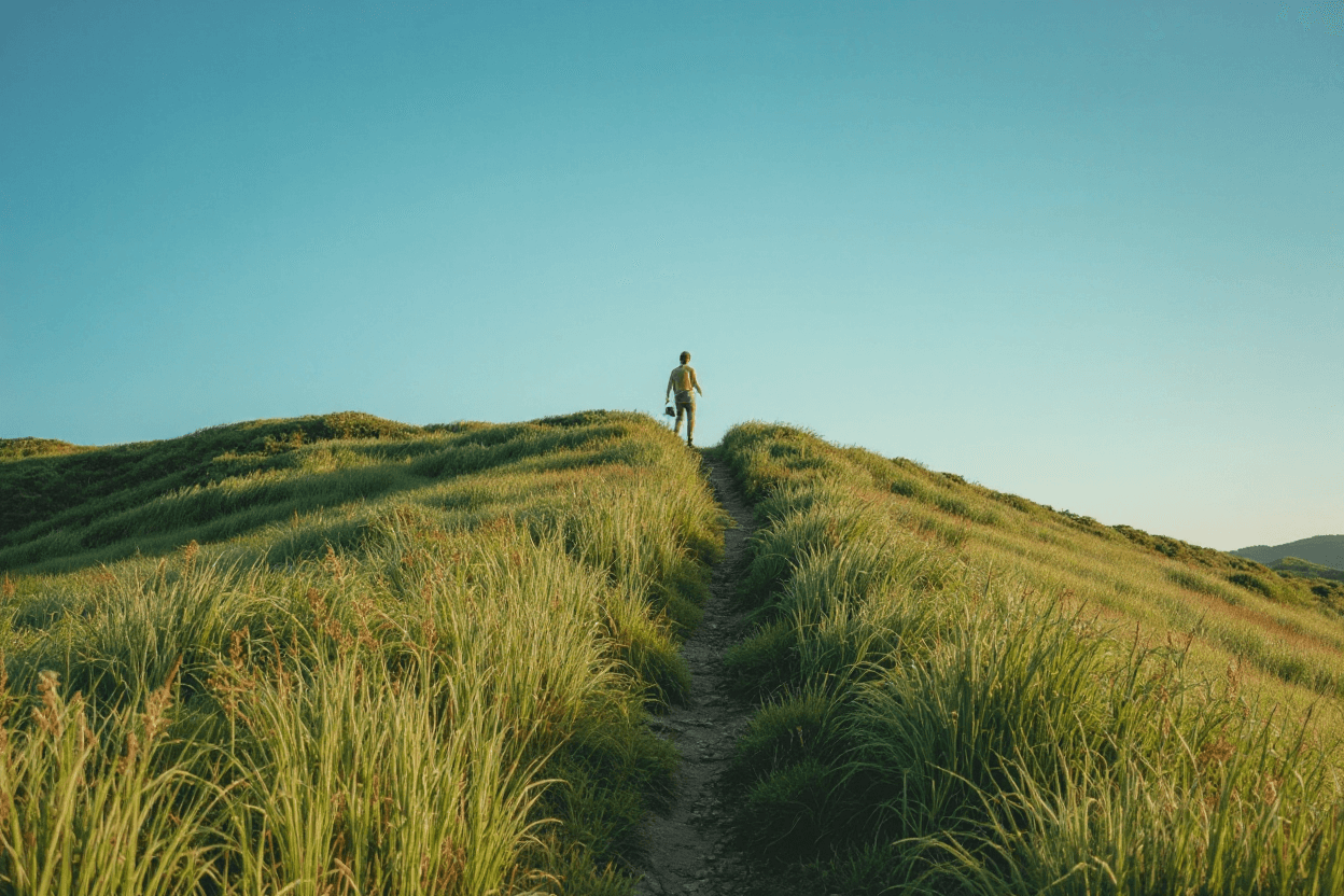 A person walks along a narrow dirt path atop a grassy hill with clear blue skies above, evoking a sense of tranquility and adventure.