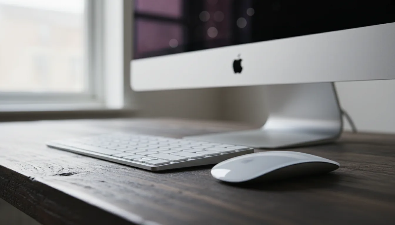 DSLR photo of a desktop setup, close-up low angle. A white wireless keyboard and a white mouse are in sharp focus on a dark, textured wood-grain desk. In the background, the brushed aluminum stand of an Apple iMac is visible with a soft bokeh effect. The scene is lit by soft, natural daylight, creating a clean and minimal aesthetic. Shallow depth of field, high detail, photorealistic.