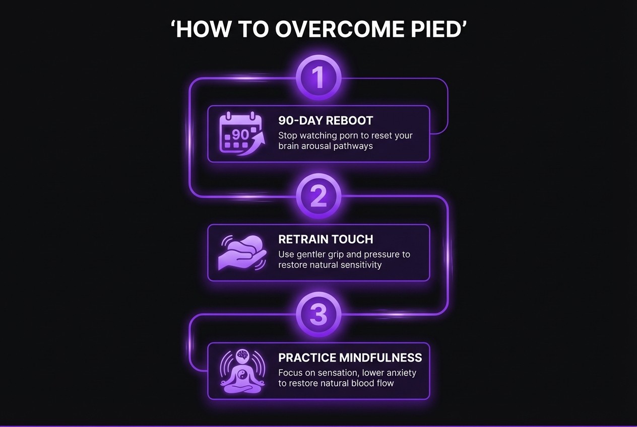 Three steps to overcome PIED: a 90-day reboot from porn, retraining touch with gentler pressure, and practicing mindfulness to lower anxiety and restore natural blood flow