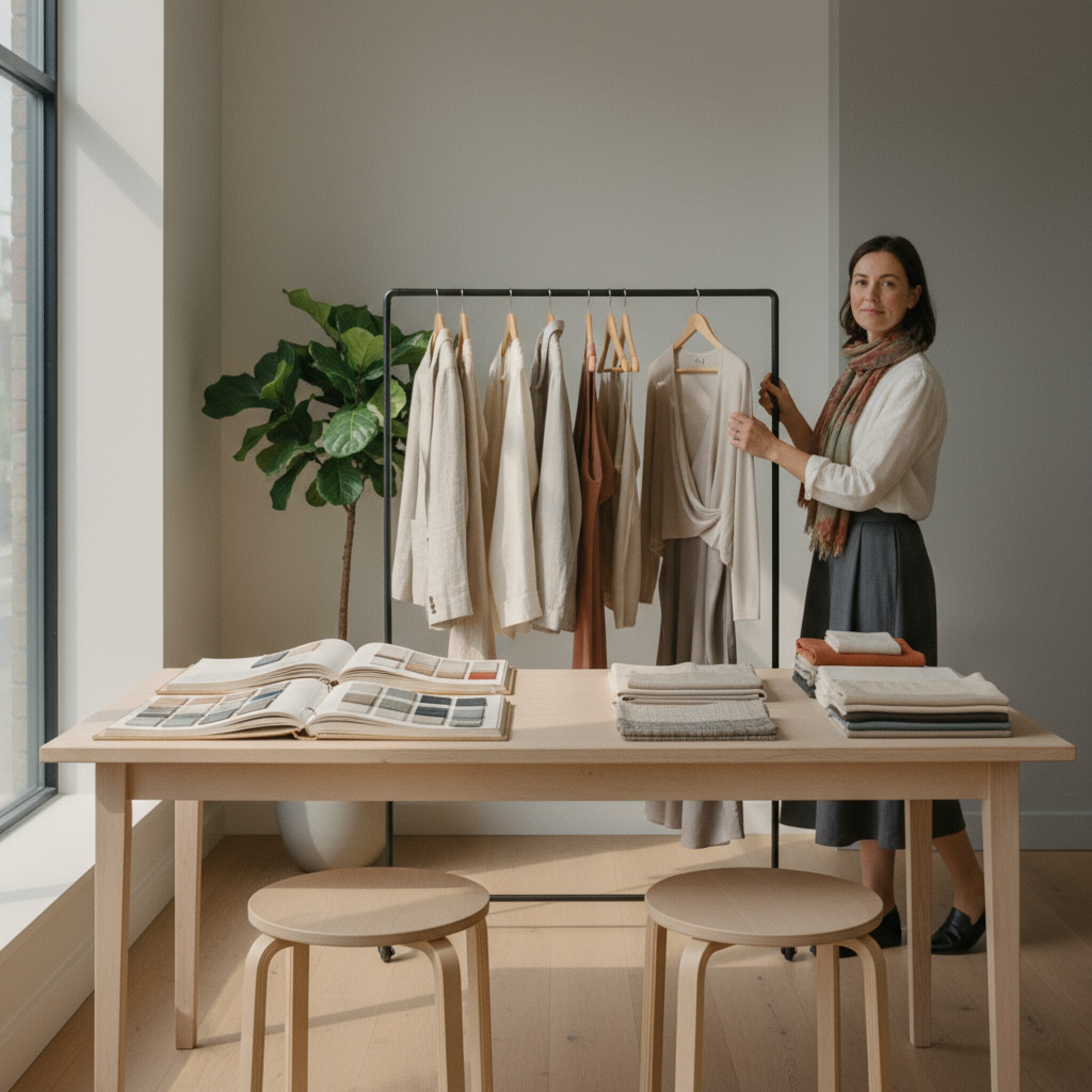 Ein sauber gedeckter Demotisch mit zwei Hockern, darauf geöffnete Musterkarten und sorgfältig gefaltete Stoffe. Ein Berater richtet eine Kollektion auf einem schmalen Rack neben dem Tisch aus. Warmes Licht betont die Materialien. Der Raum ist ruhig, klar strukturiert und bereit für die nächste Demo.