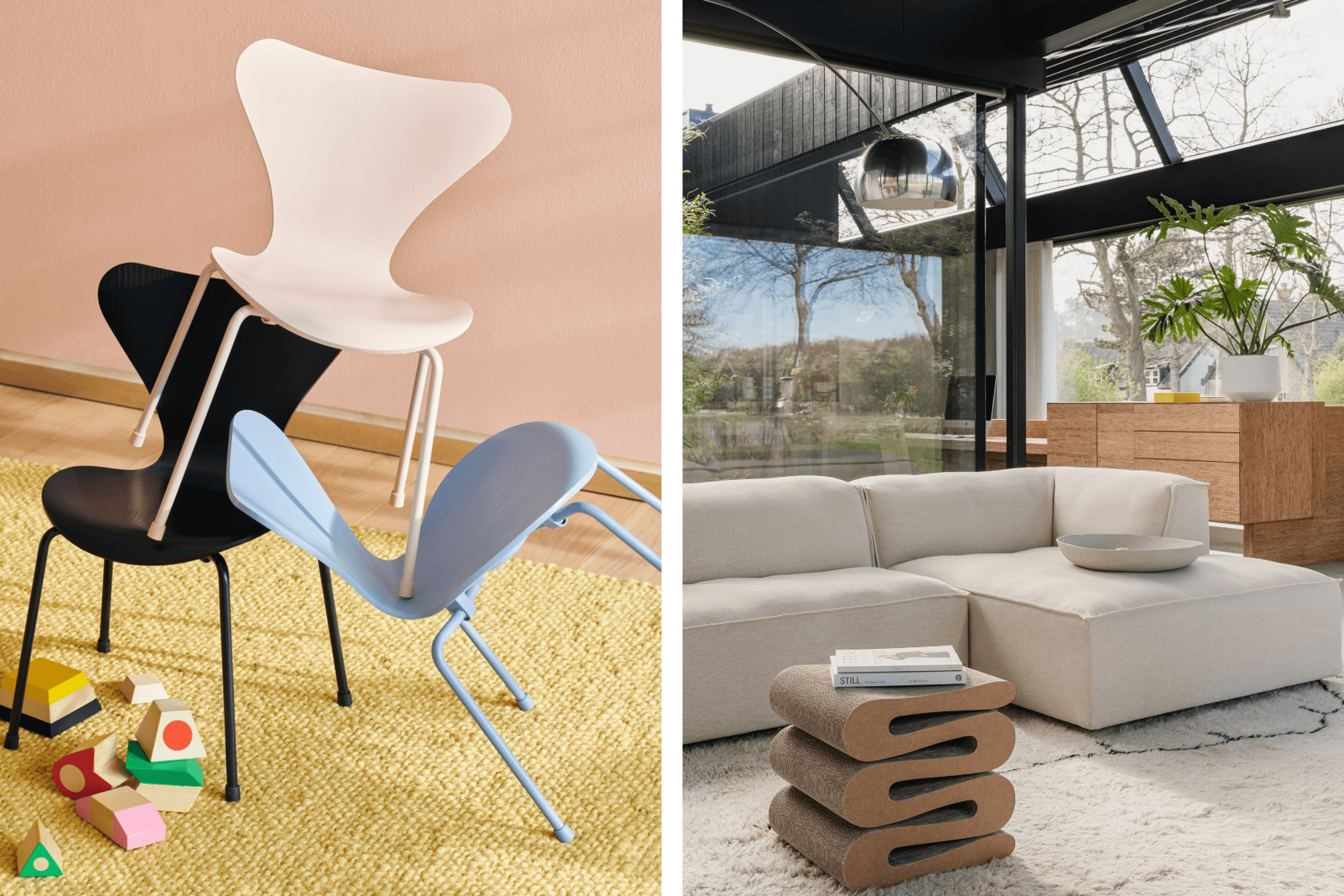 de Vlinder stoel series 7 van Fritz Hansen. Rechts: de Gelderland bank 6950 van Scholten & Bajings.