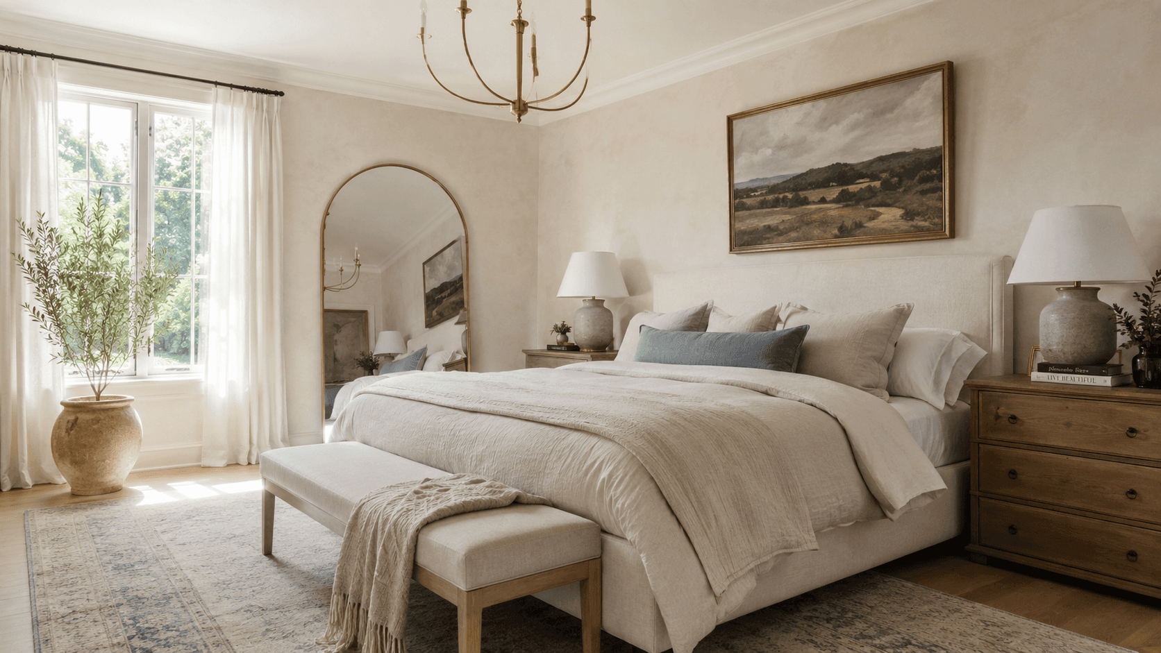 Bright modern French country bedroom featuring an upholstered bed with cream linen bedding, a blue accent pillow, wood nightstands with ceramic lamps, a vintage-style rug, oversized arched mirror, and sheer curtains filtering natural light.