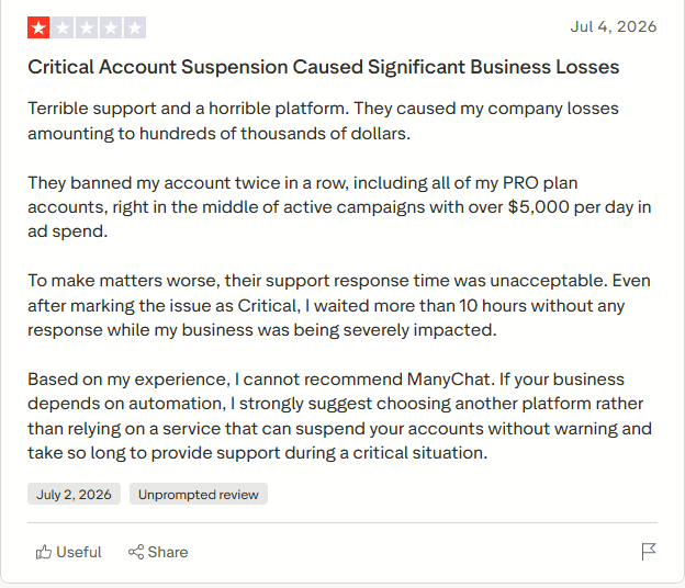 Manychat trustpilot review