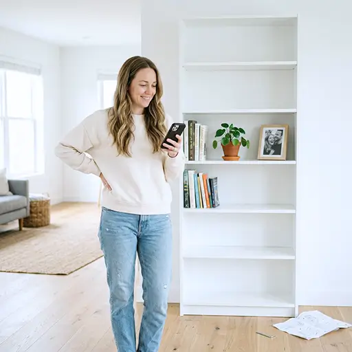 A woman checks her smartphone to organize Wayfair furniture collections on Whisprice while standing near a white bookshelf she is assembling for a home renovation project.