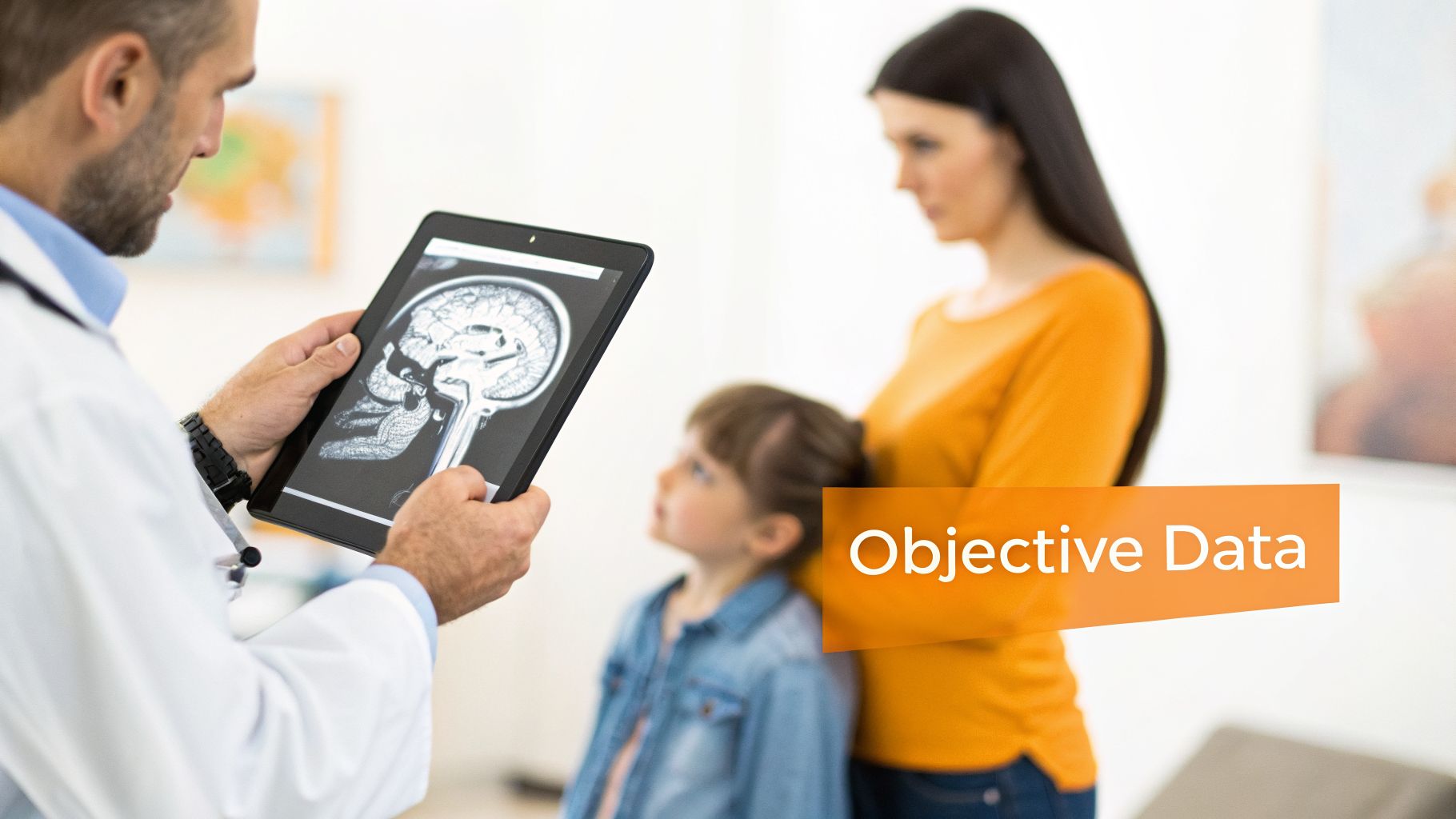 Doctor reviewing a brain scan on a tablet with a mother and child in a clinic, displaying objective data.