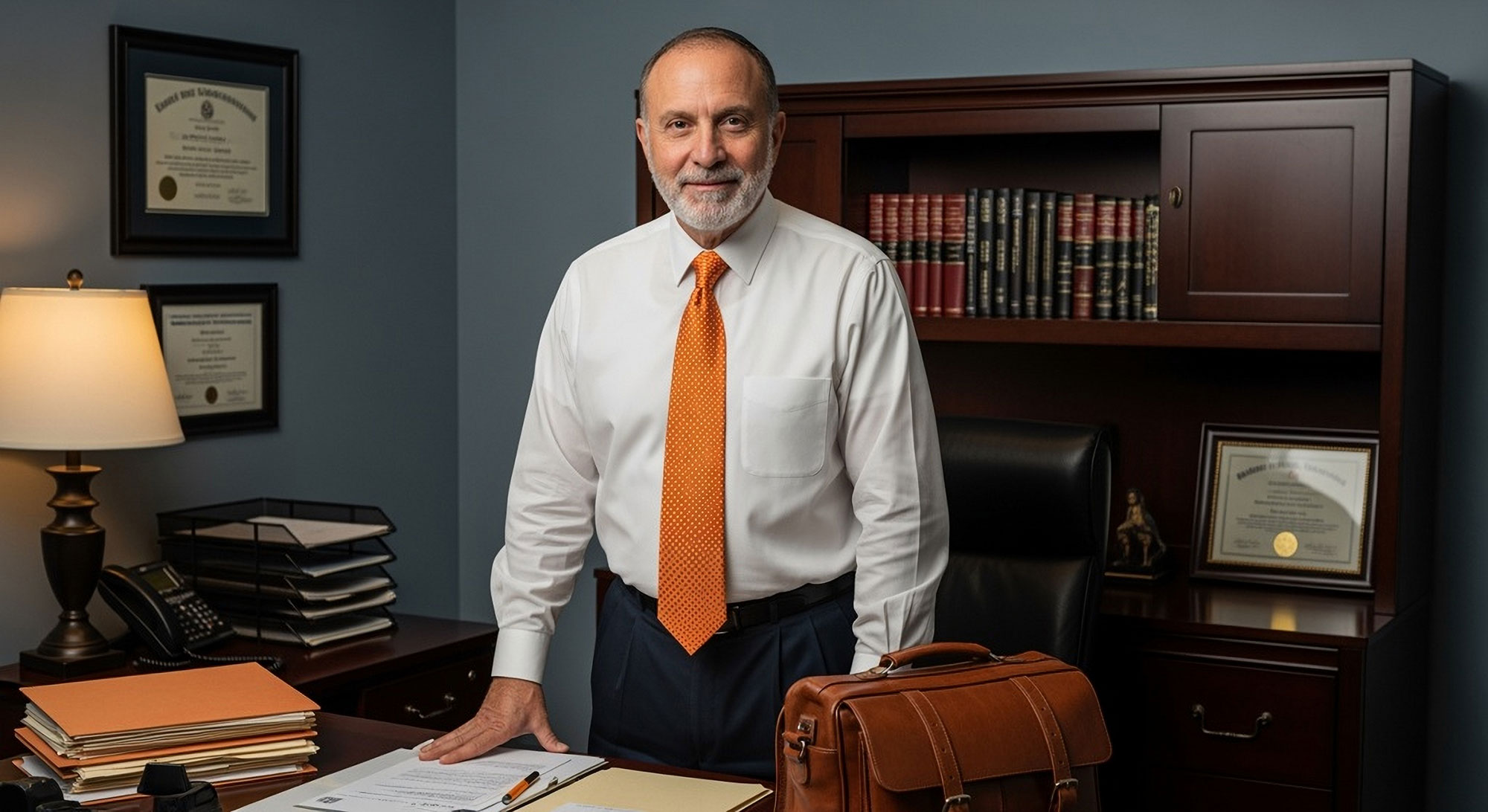 Smiling person with orange tie, standing over desk and papers in quaint office
