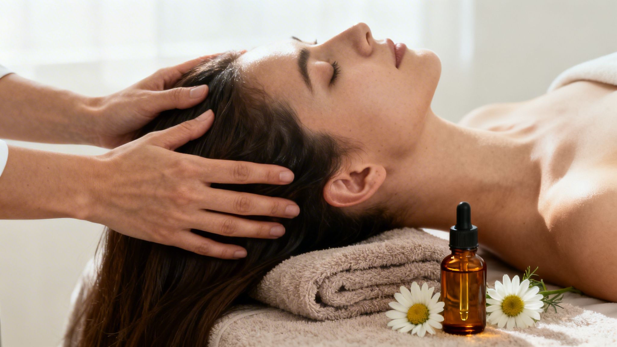 Close-up of a woman relaxing while receiving a professional scalp massage with essential oil.
