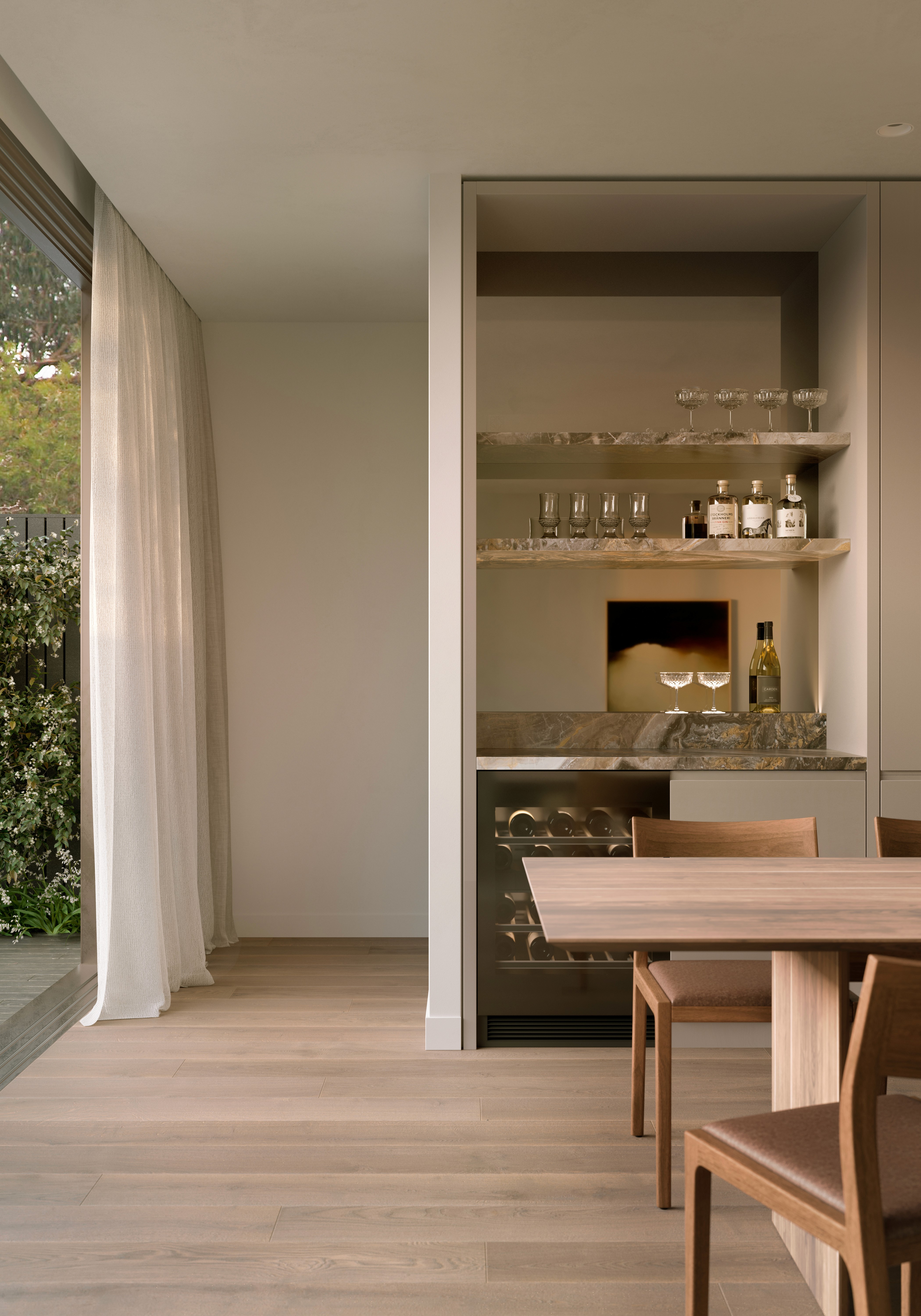 Modern dining room with wooden table, wine cabinet, and elegant shelving.