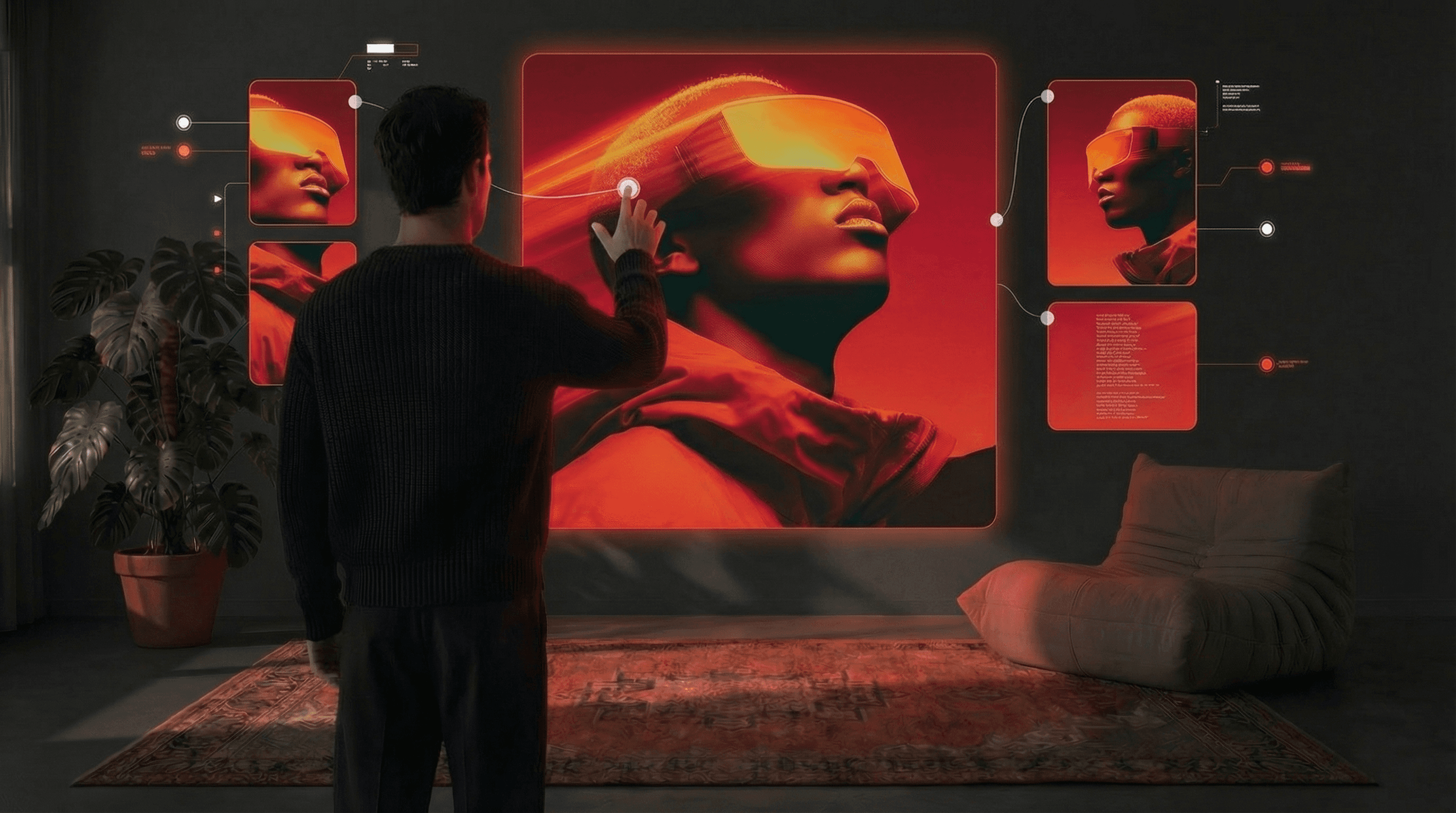 Modernes Portrait auf vibranter oranger Skulptur-Möbel zeigt zeitgenössisches Design