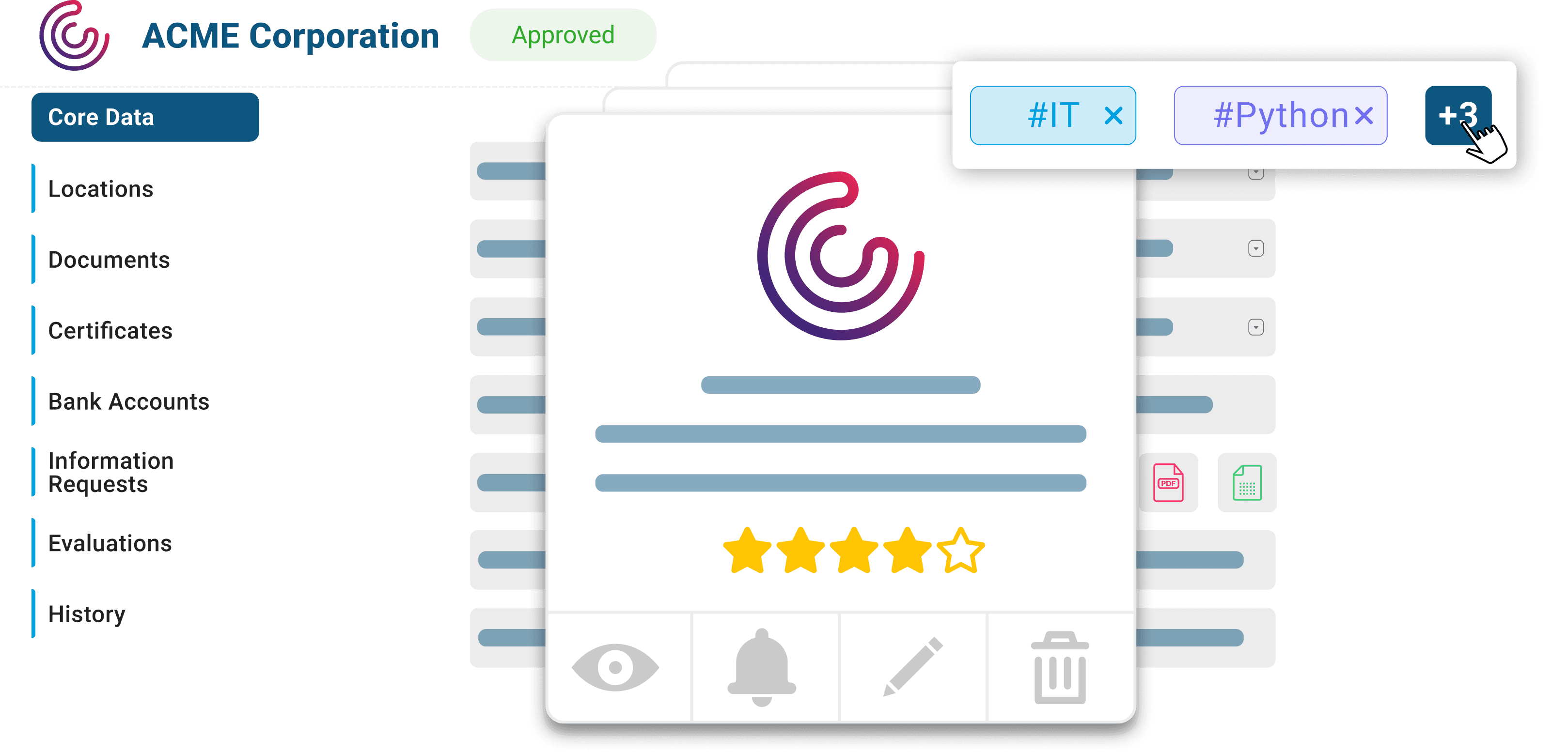 Das Bild zeigt eine digitale Oberfläche eines Lieferantenprofils eines Unternehmens, mit einem Genehmigungsstempel oben und einer zentralen Profilkarte, die ein farbenfrohes Logo, eine Fünf-Sterne-Bewertung und Symbole für die wichtigsten Datenkategorien zeigt, sowie interaktive Tags mit der Bezeichnung #IT und #Python.
