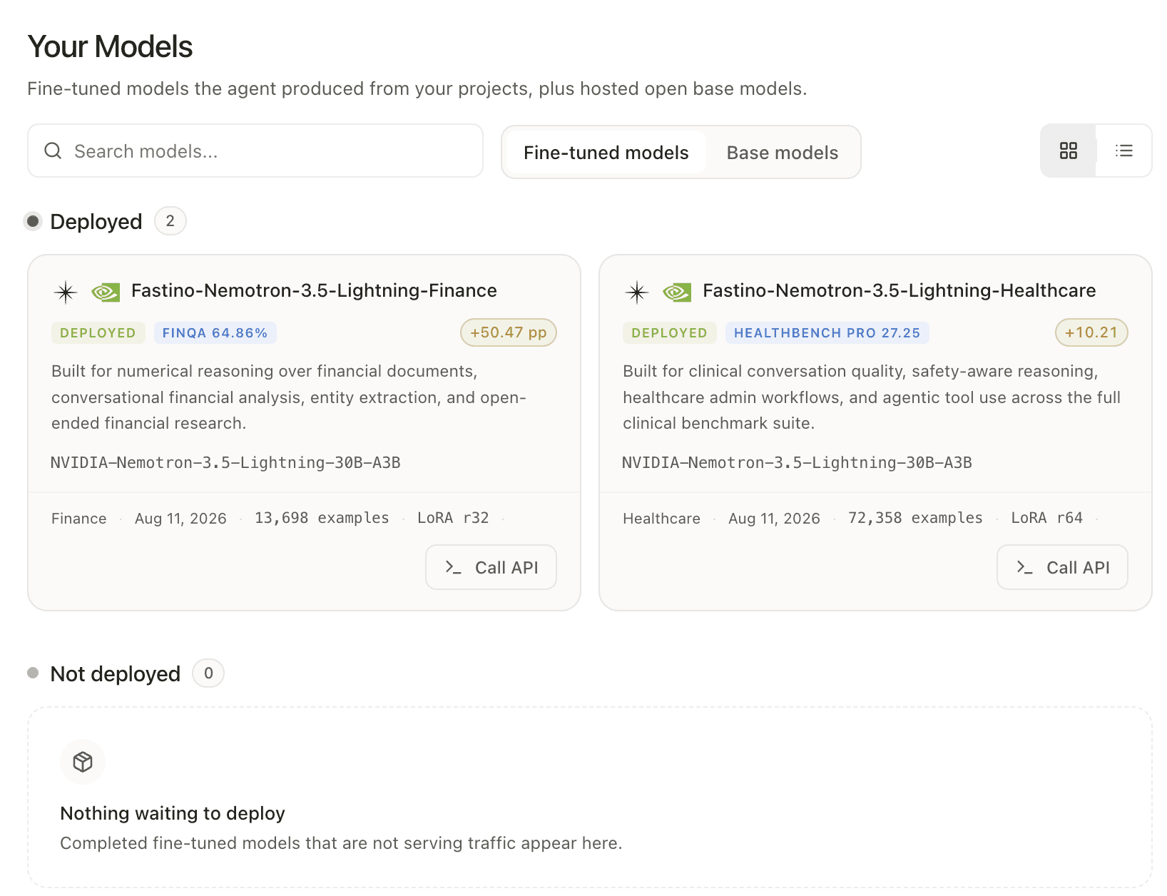 Deployed fine-tuned models with benchmark results