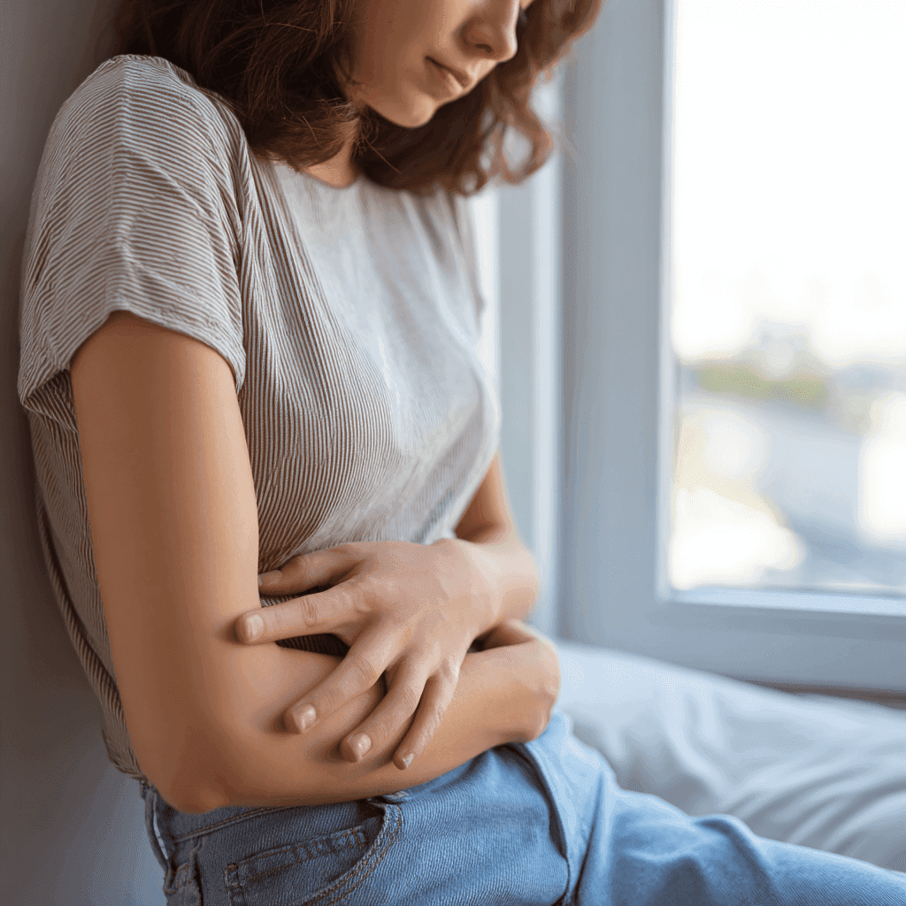 Junge Frau hält sich vor Schmerzen den Bauchbereich