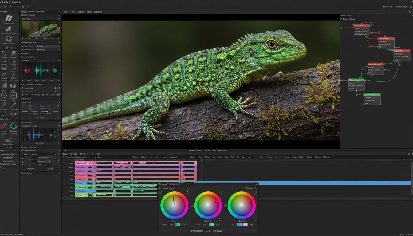 Screenshot of the DaVinci Resolve professional video editing software UI, in Modern Dark Mode. The interface is focused on the 'Color' page, showing a complex color grading setup. The central viewer panel displays a high-resolution video frame of a green mossy lizard on a dark piece of wood. Below the viewer is a multi-track video timeline with numerous clips. At the bottom, the 'Primaries - Color Wheels' panel is prominent, showing three large, detailed color wheels (Lift, Gamma, Gain) with vibrant RGB hues and precise control dials. To the top-right is a complex node editor graph with interconnected nodes. The overall layout is dense, filled with icons, sliders, keyframe panels, and abstracted UI elements.