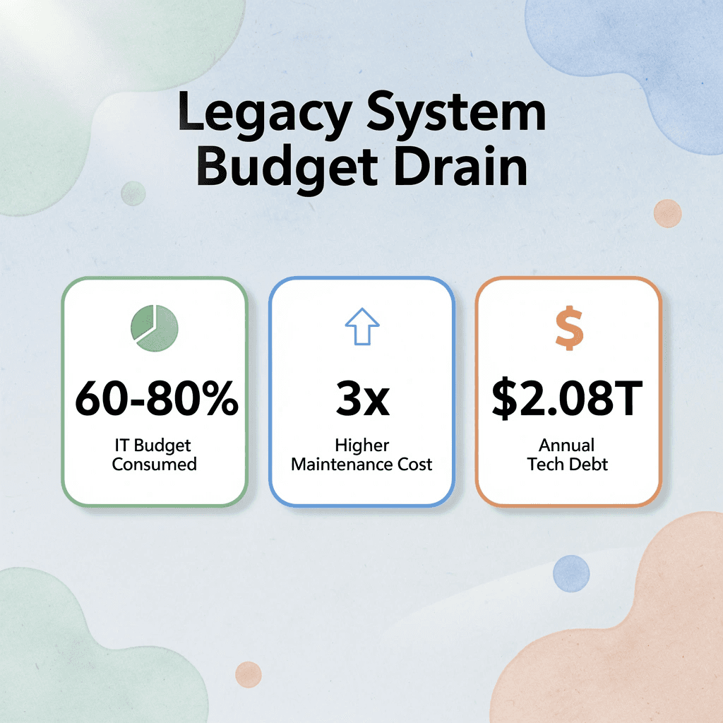 Infographic showing three key statistics about legacy system budget impact