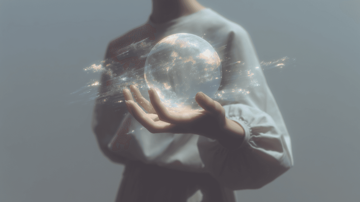 A glowing, iridescent sphere held in a hand, radiating magical light against a muted background, creating a serene and mystical vibe.