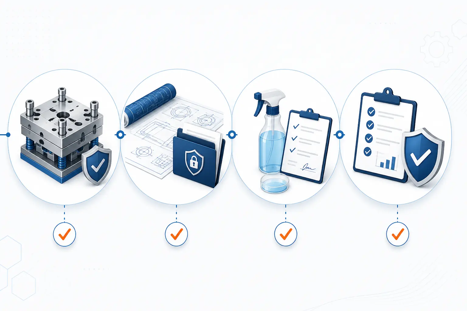 Four supplier-verification areas: tooling, intellectual property, approved samples and quality liability