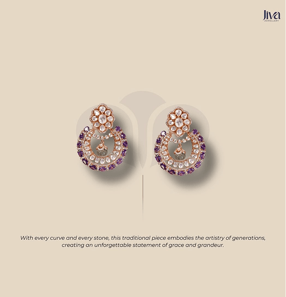 "Polki jewelry Instagram post by Jiva Jewellery, highlighting the rich heritage and timeless appeal of Polki in bridal jewelry, royal collections, and ceremonial adornments. Showcasing intricate Polki pieces with a blend of contemporary and classic Indian design elements."