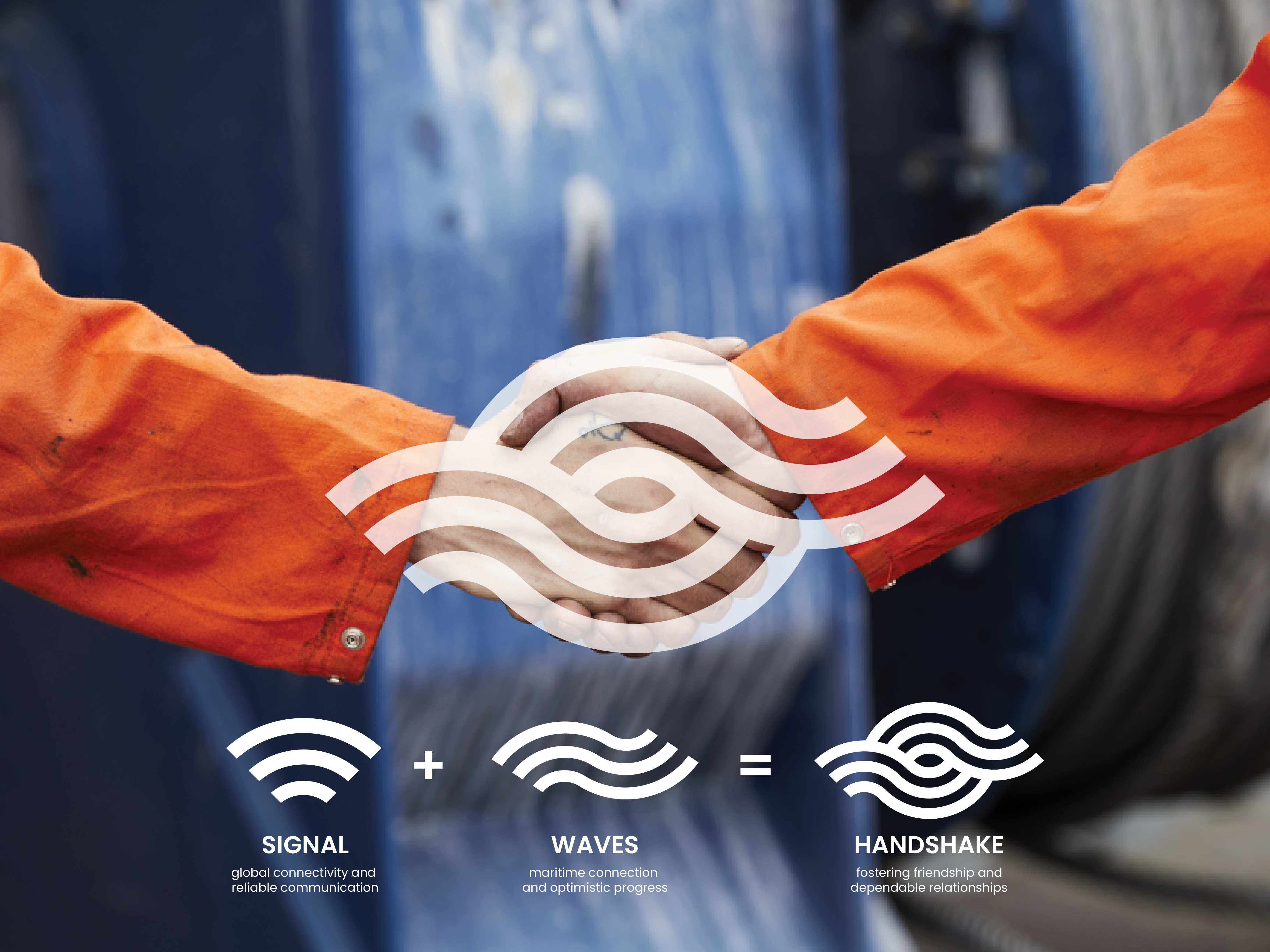 Logo explanation for Deepsea Networks, combining signal waves and handshake to symbolize reliable communication at sea.