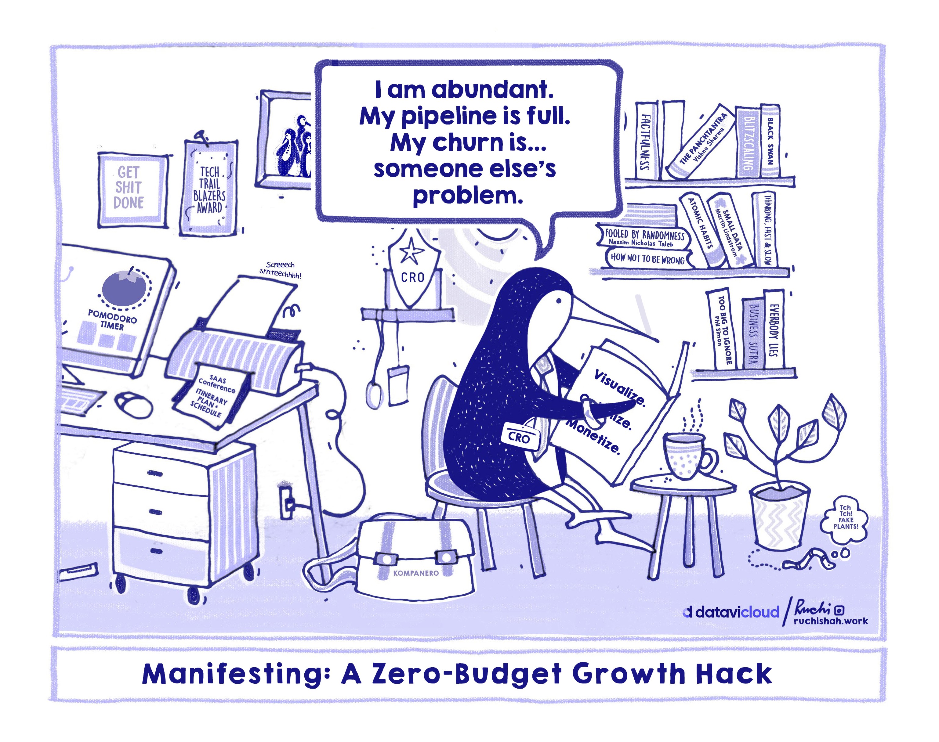 A blue-and-white satirical business illustration by Datavic Cloud titled "Manifesting: A Zero-Budget Growth Hack." A CRO penguin sits at a desk surrounded by "Get Sh*t Done" posters and books like "Visualize, Monetize." The penguin says, "I am abundant. My pipeline is full. My churn is... someone else's problem." This image satirizes the desperation of missing sales targets and highlights the need for real-time sales intelligence.