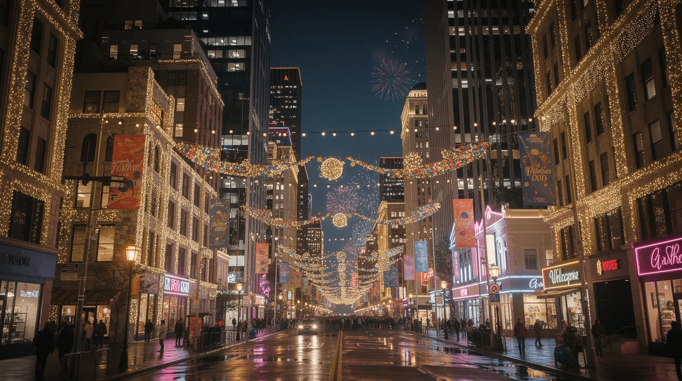 The image features a vibrant cityscape adorned with festive lights and colorful banners, creating a lively atmosphere during a celebration. This scene reflects the creative design solutions often sought by branding agencies in Dubai to enhance brand engagement and visibility in diverse industries.