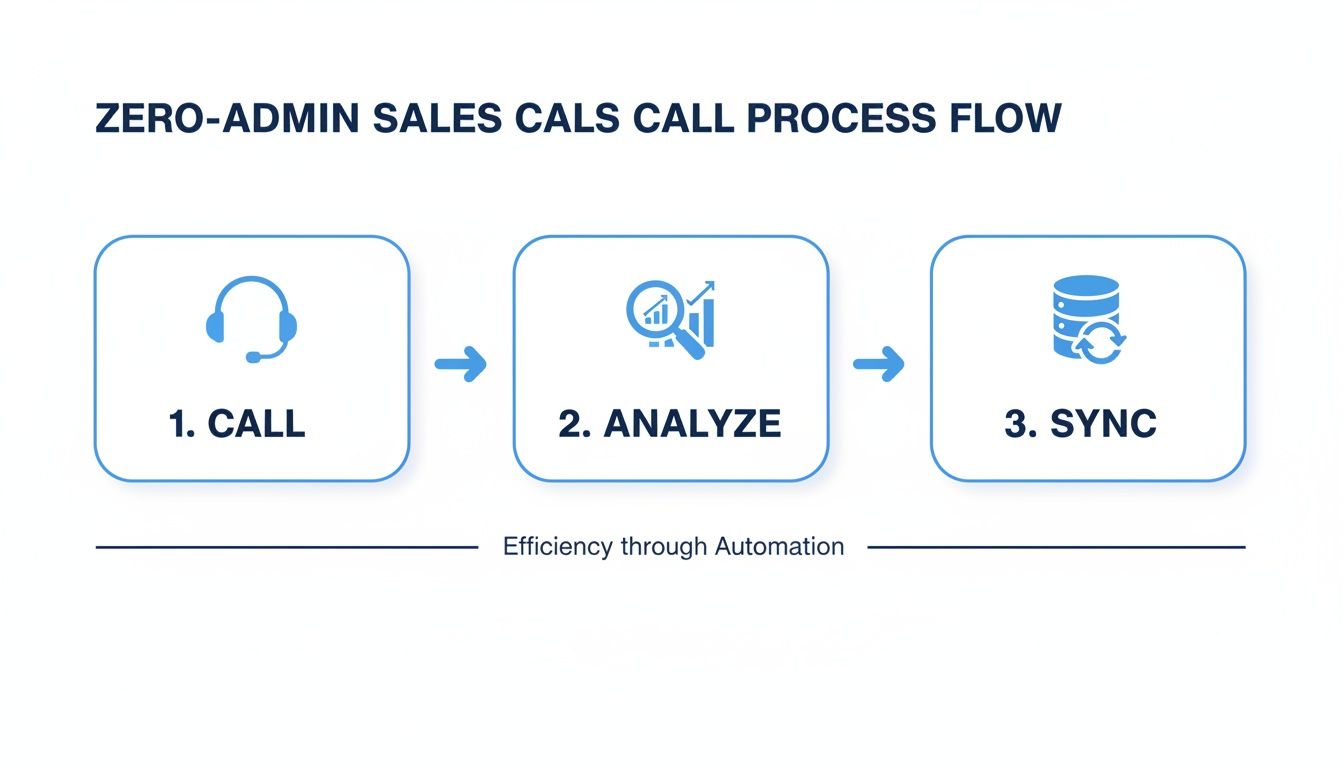 Flowchart showing a zero-admin sales call process with steps: Call, Analyze, Sync, highlighting efficiency through automation.