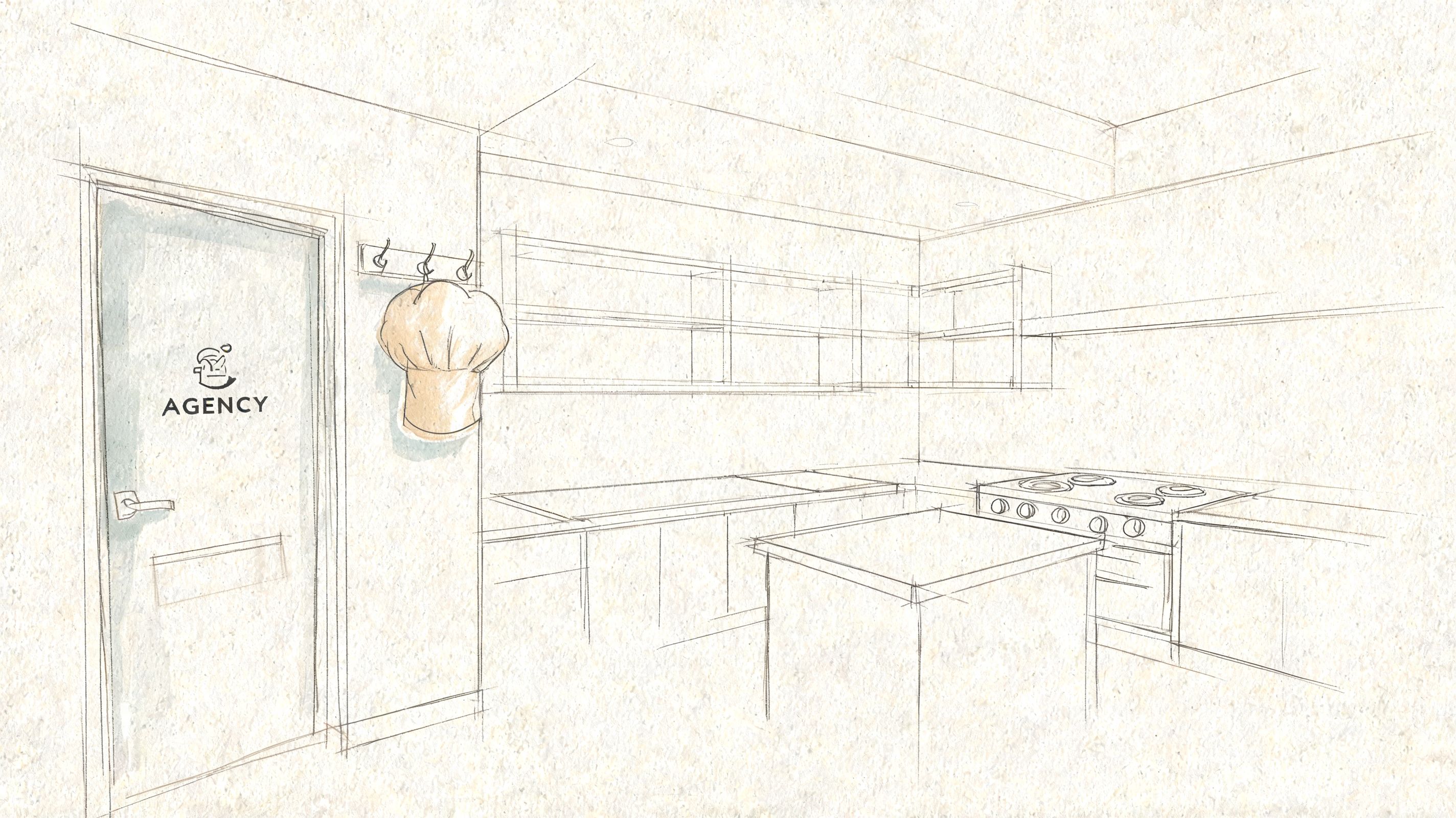 A minimalist sketch of a professional commercial kitchen interior featuring a chef hat hanging on the wall.
