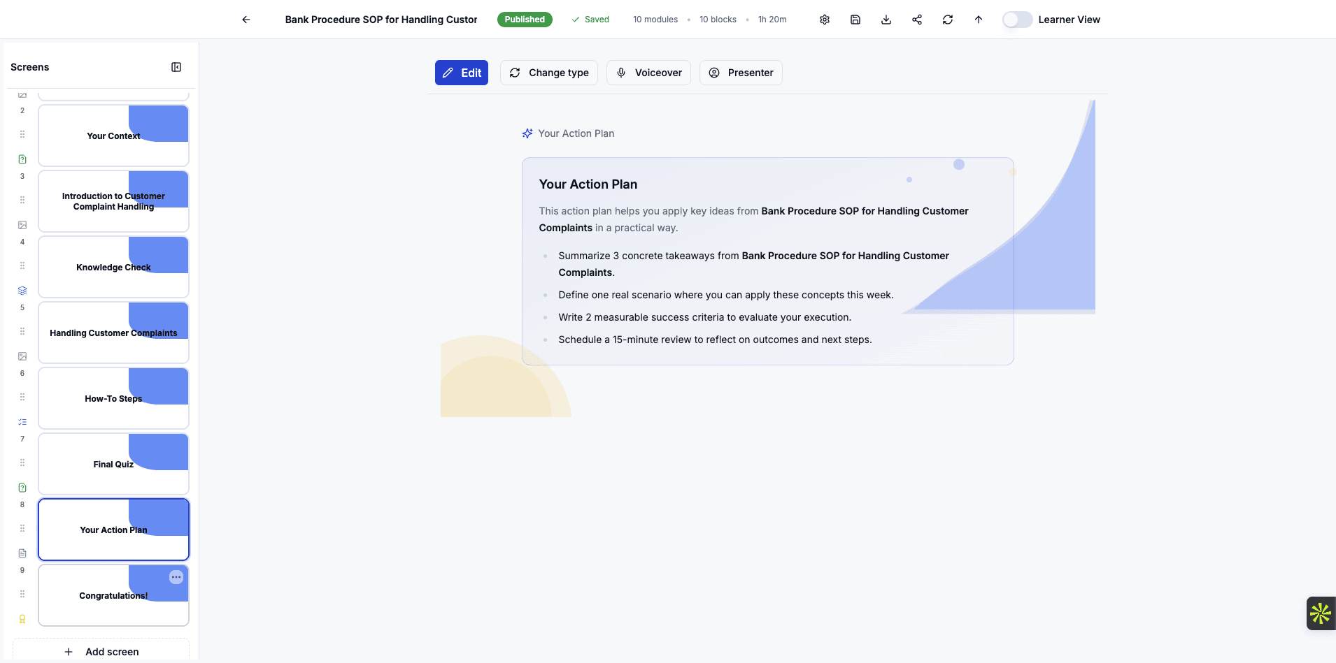 The Congratulations screen celebrates course completion and summarizes key takeaways for learners.