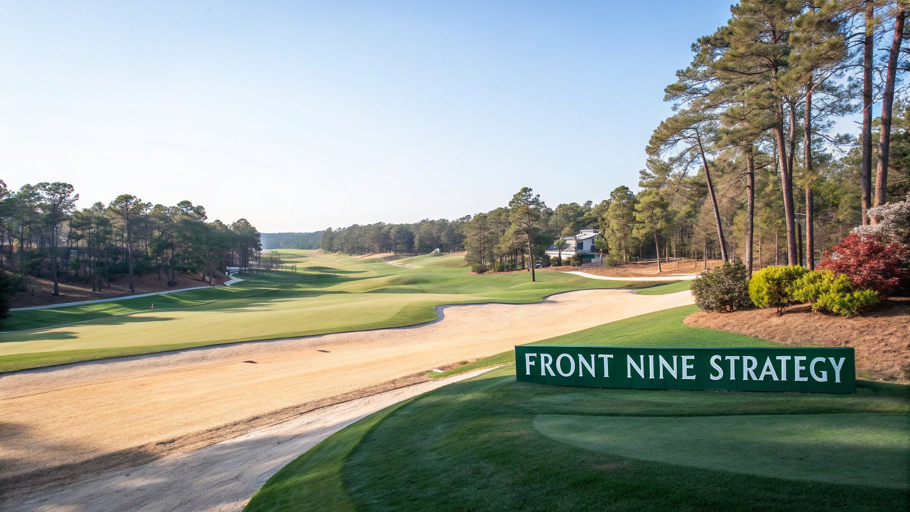 A scenic golf course fairway with a prominent green sign reading 'FRONT NINE STRATEGY' under a clear sky.