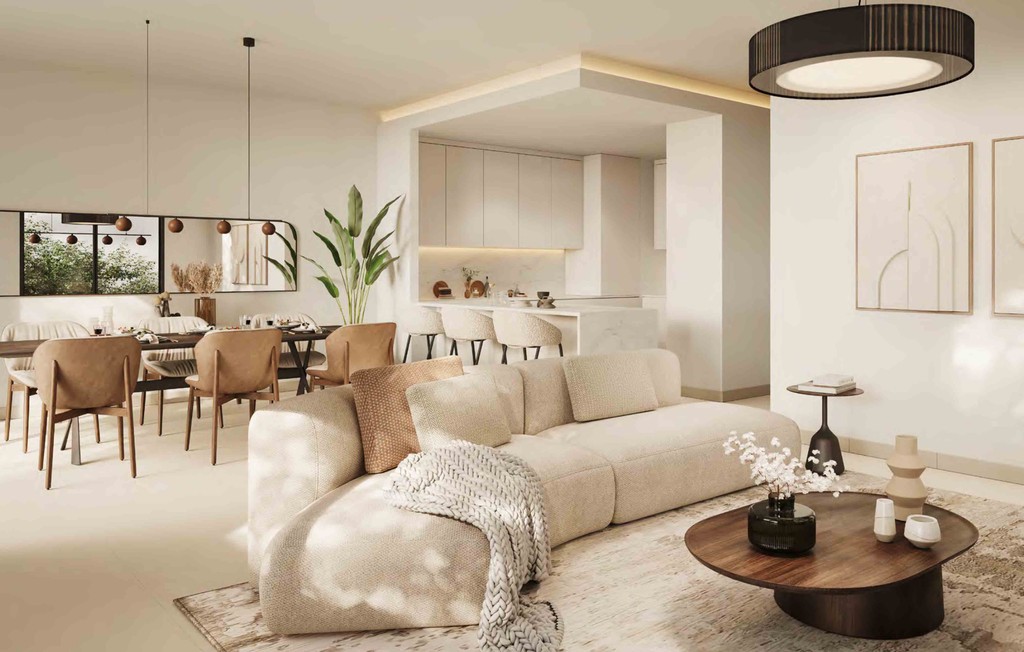 Stylish modern living room with an integrated dining area and kitchen, situated in Opal Gardens, emphasizing a sleek design.