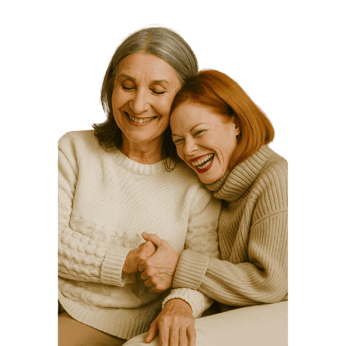 A woman sits cross-legged with eyes closed, wearing a white blouse and a long purple skirt, looking serene.