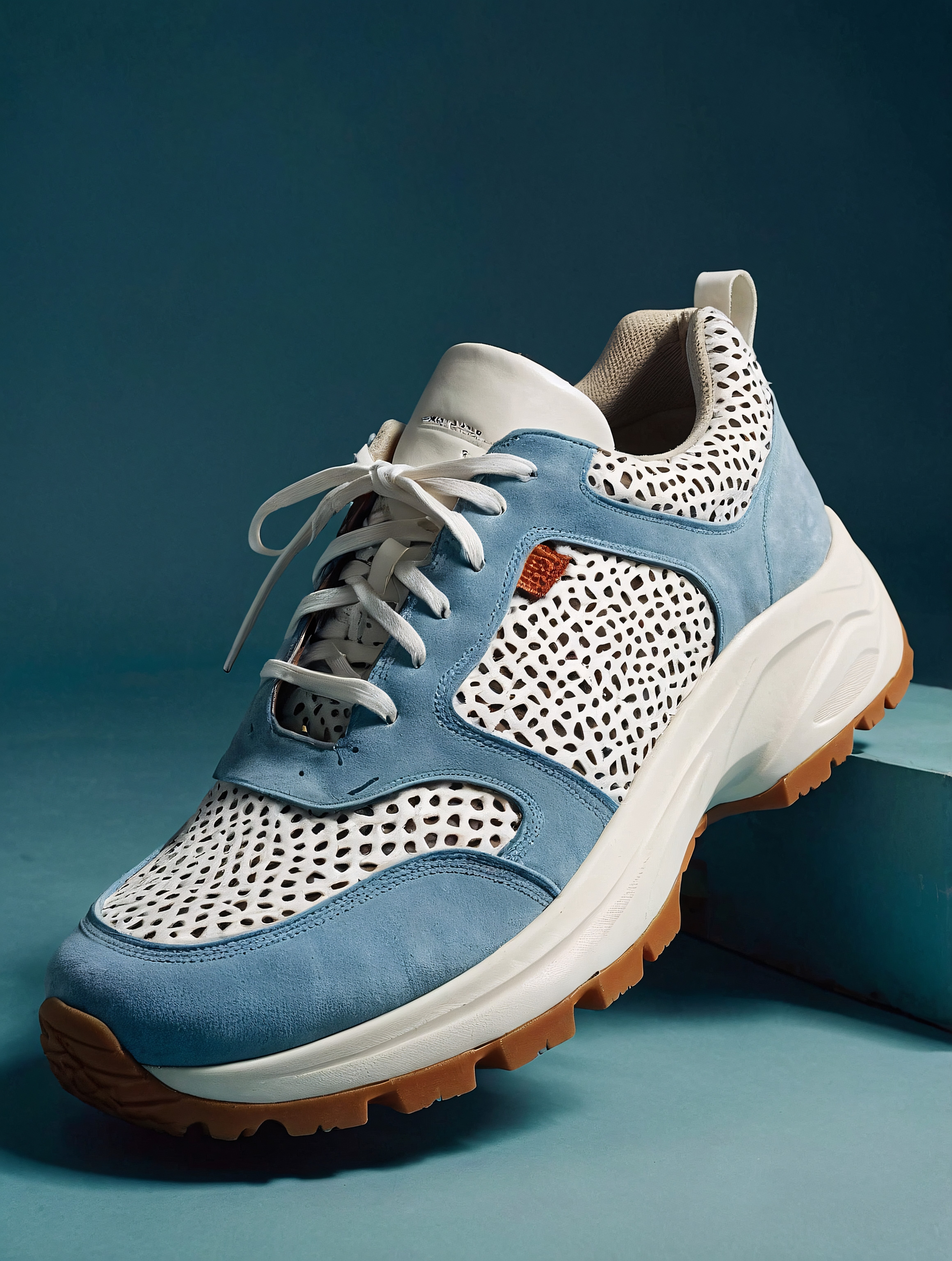 A pair of blue and white sneakers with perforated sides and a white sole, sitting on a blue surface.