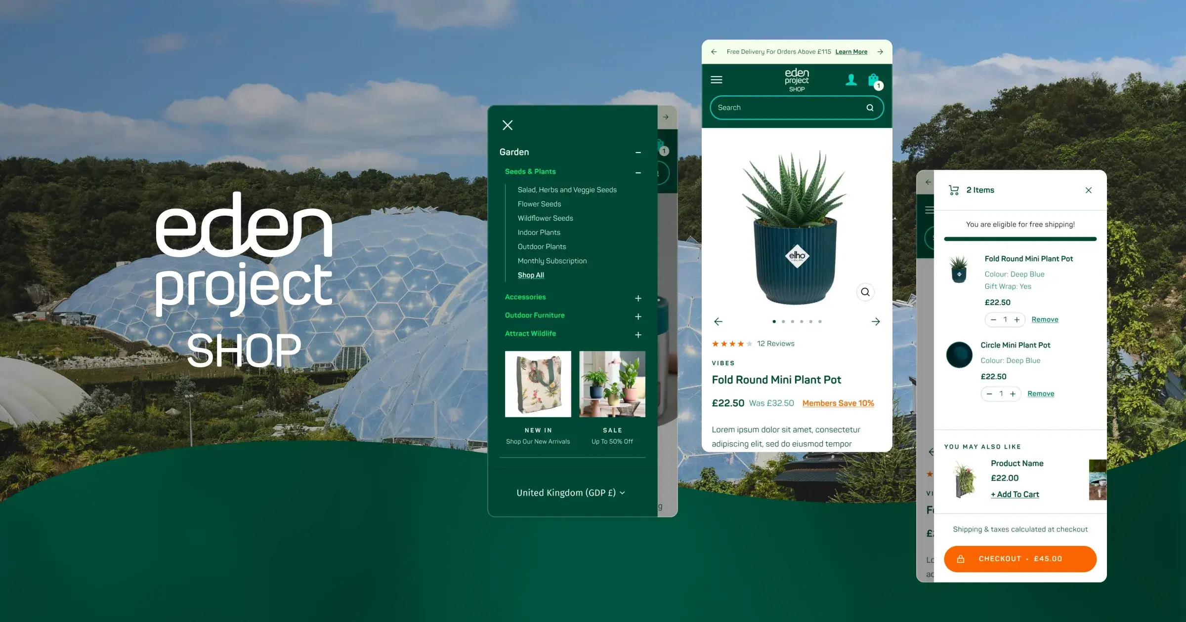 Eden Project shop, featuring multiple mobile interface examples displaying the mega menu navigation, product detail, and cart drawer overlay.