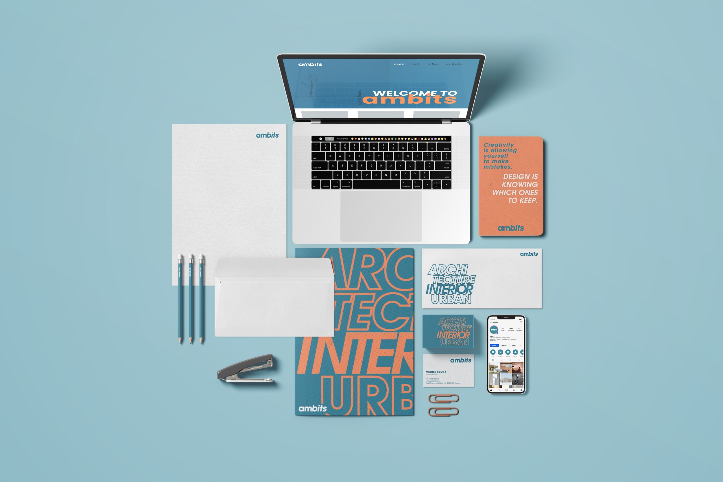 Complete brand identity design for Ambits architecture studio featuring website, stationery, business cards and digital assets by No Harm Design.