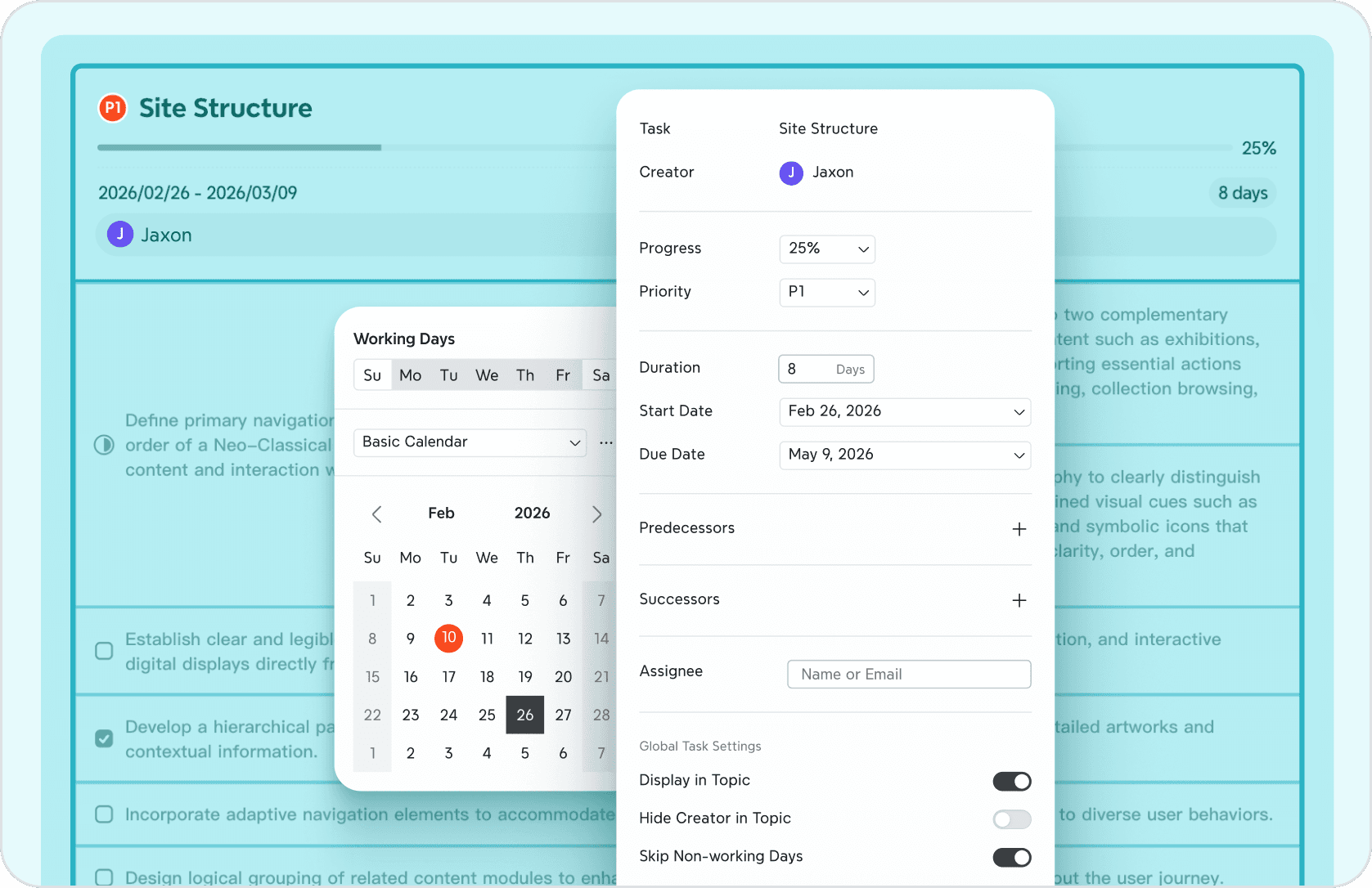 Xmind task management panel displaying project details including progress tracking, priority settings, start/due dates, and assignee options.